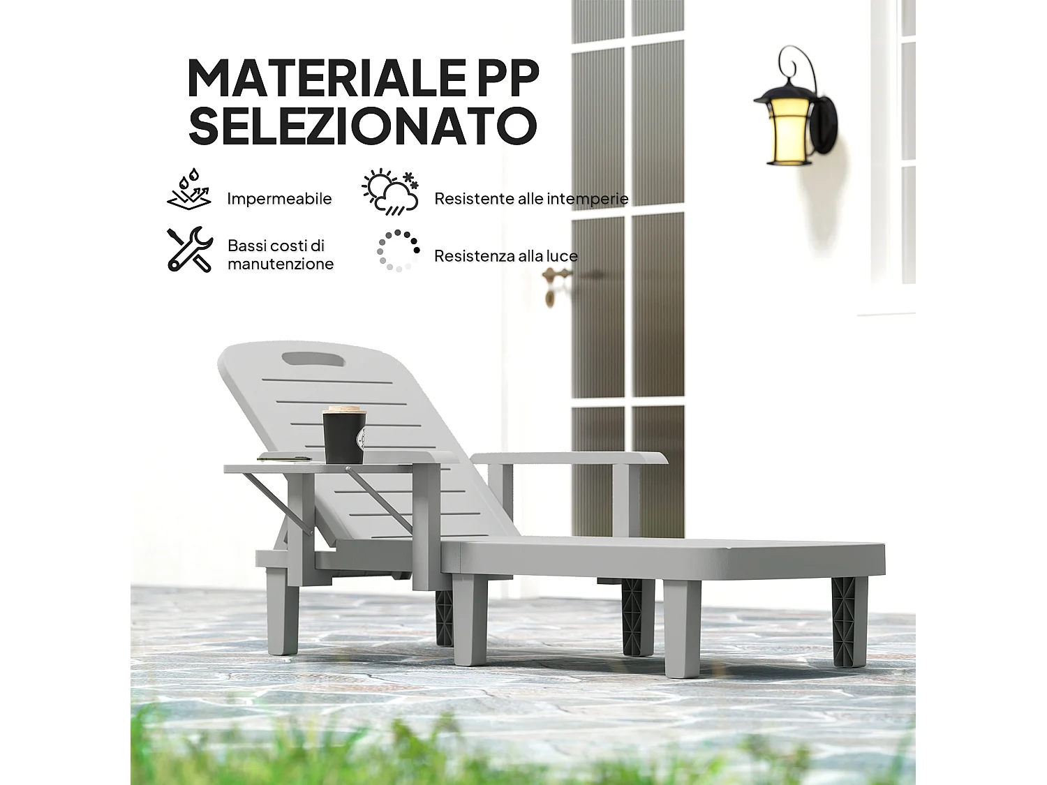 Sdraio da giardino regolabile con tavolino e braccioli grigio chiaro