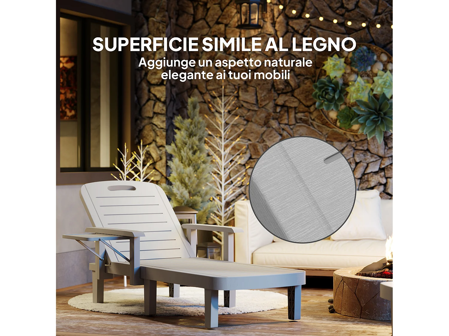 Sdraio da giardino regolabile con tavolino e braccioli grigio chiaro