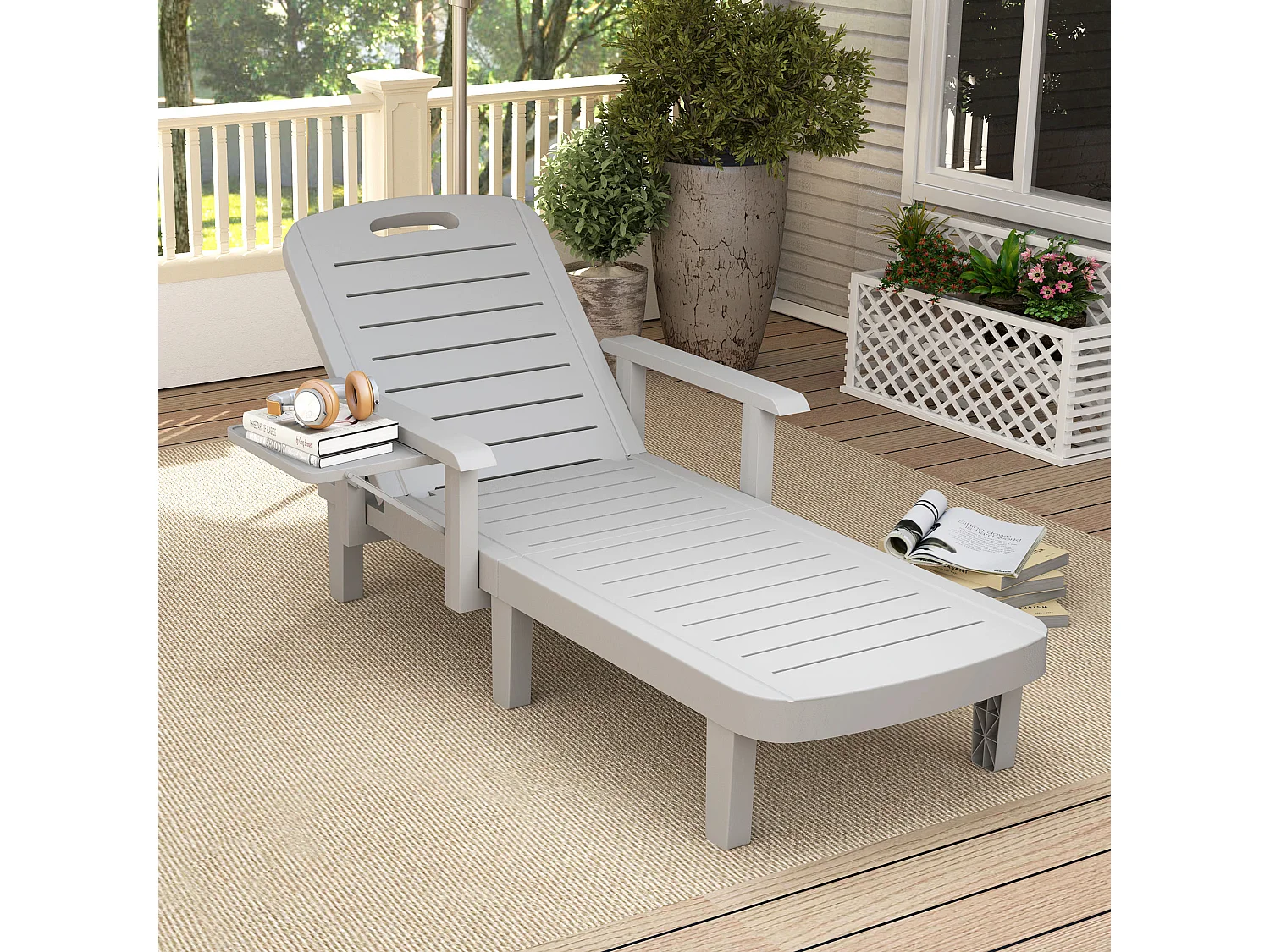 Sdraio da giardino regolabile con tavolino e braccioli grigio chiaro