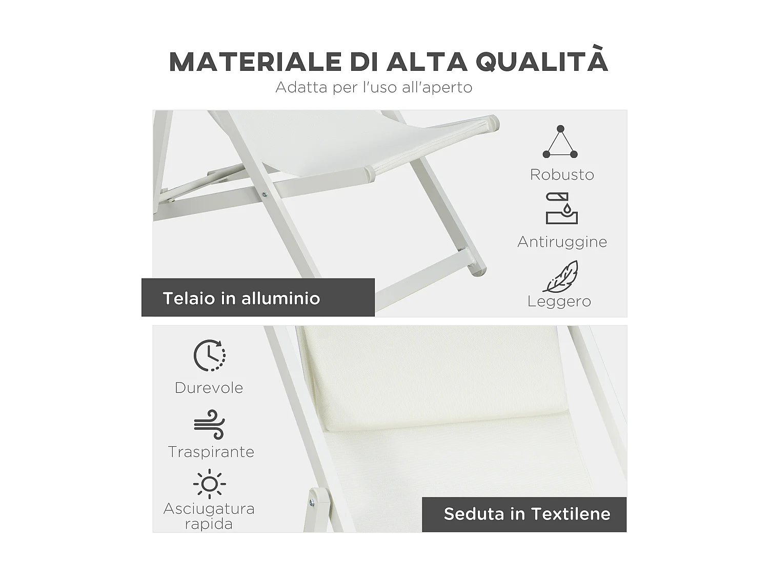 Set 2 sedie sdraio pieghevoli in alluminio 100x60x85 cm