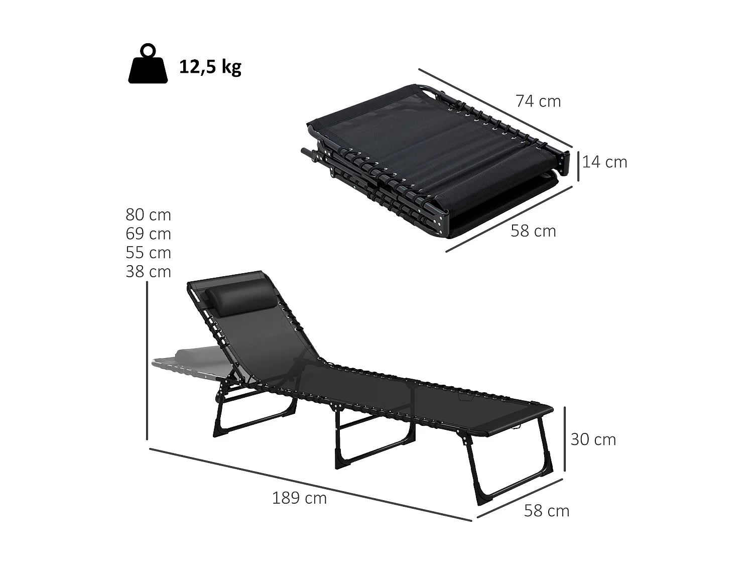 Set 2 lettini prendisole con schienale reclinabile 4 livelli nero