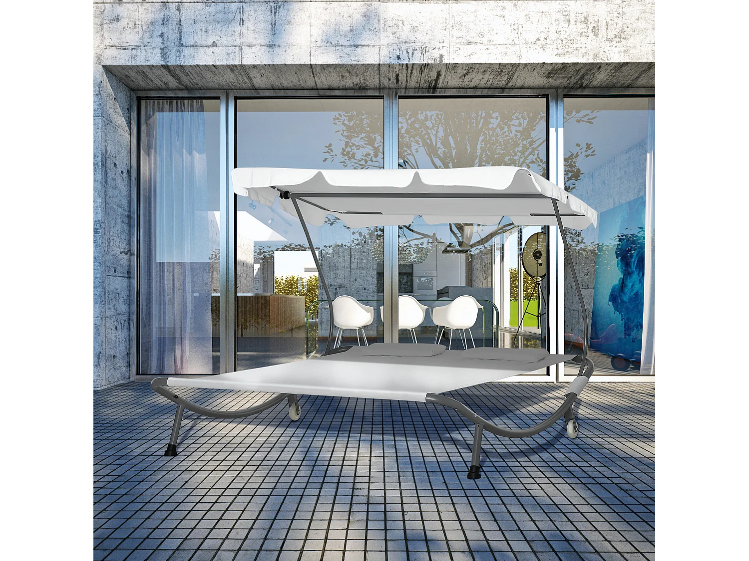 Lettino a 2 posti con tettuccio regolabile e cuscini crema