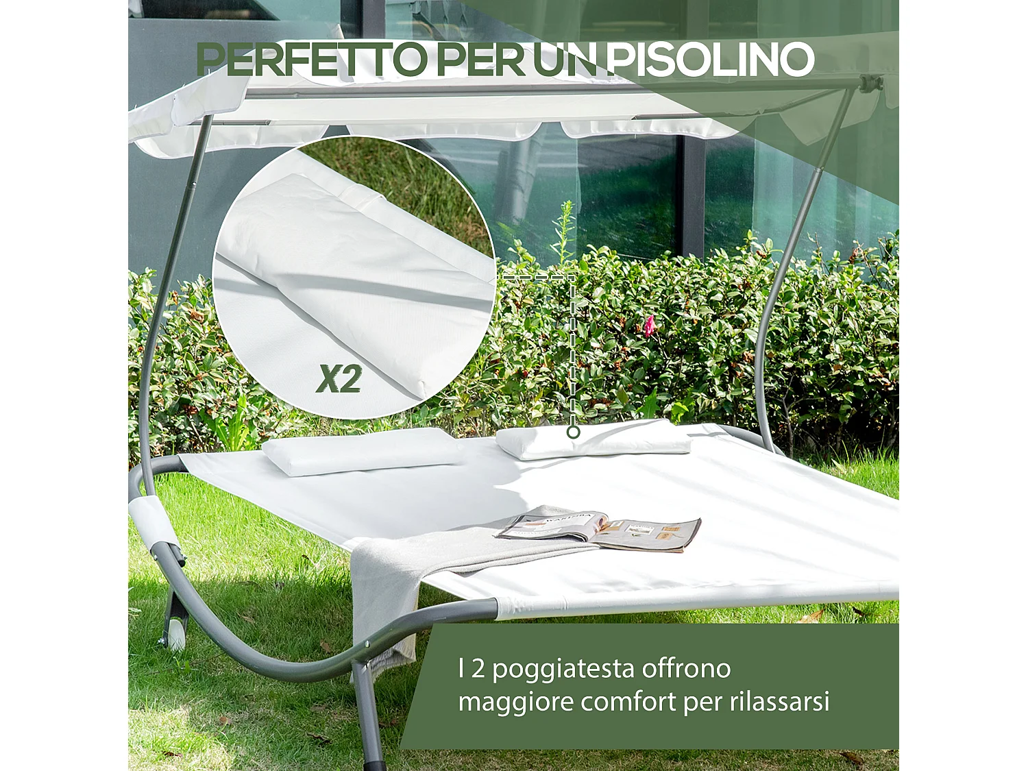 Lettino a 2 posti con tettuccio regolabile e cuscini crema