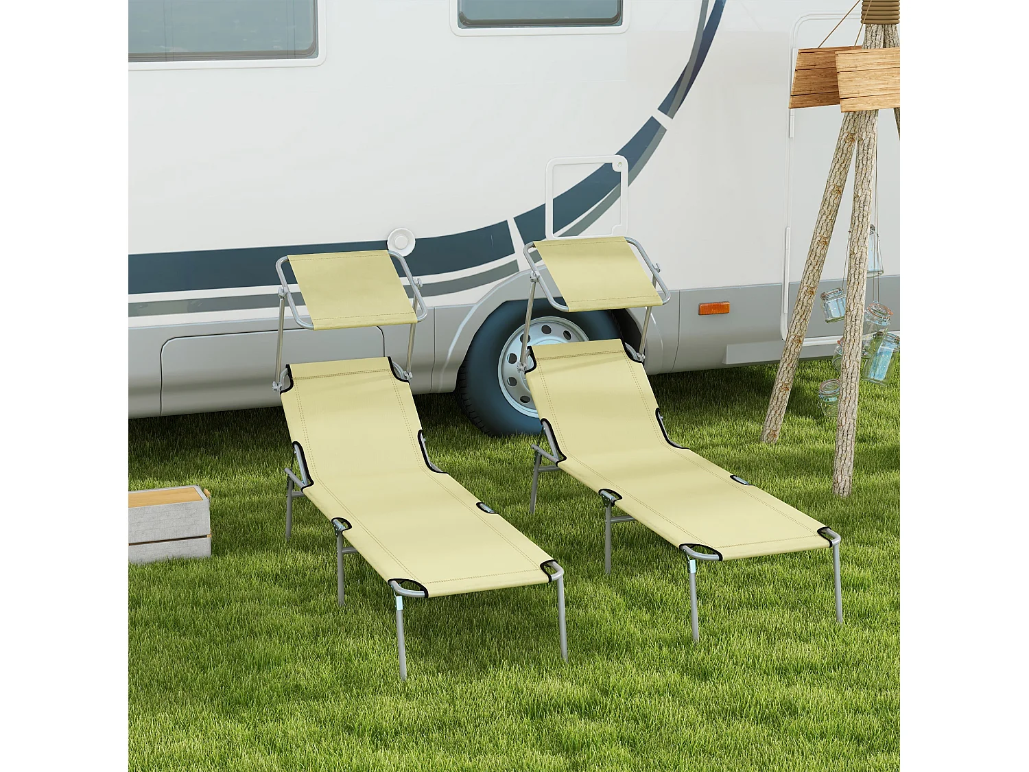 Set 2 sdraio da giardino pieghevoli con tettuccio regolabile beige