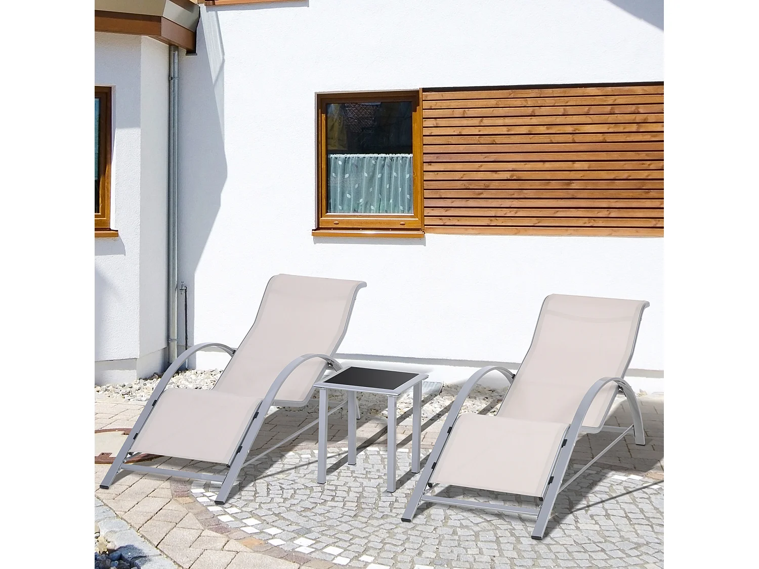 Set 2 sdraio da giardino e tavolino con piano in vetro crema