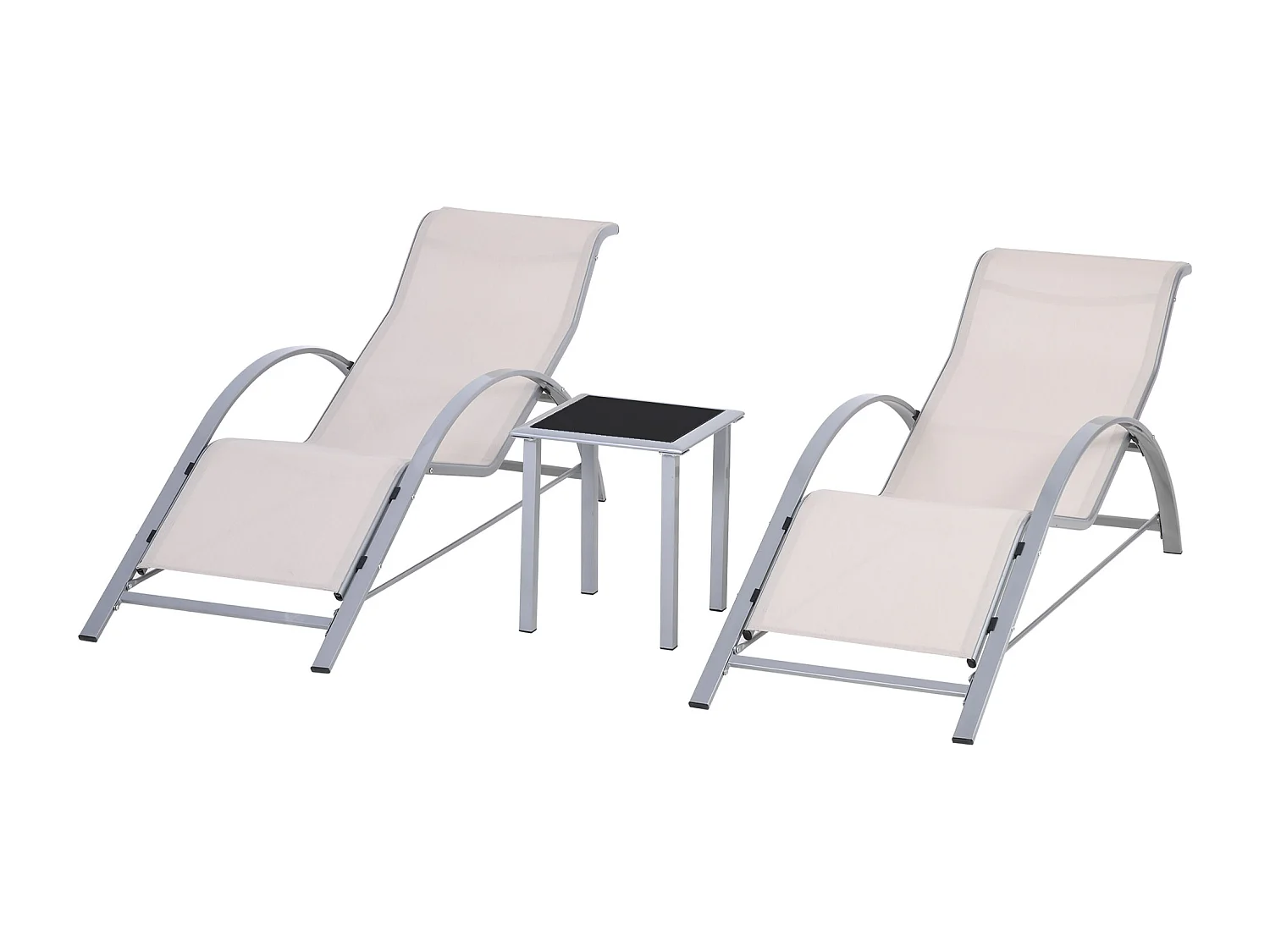 Set 2 sdraio da giardino e tavolino con piano in vetro crema