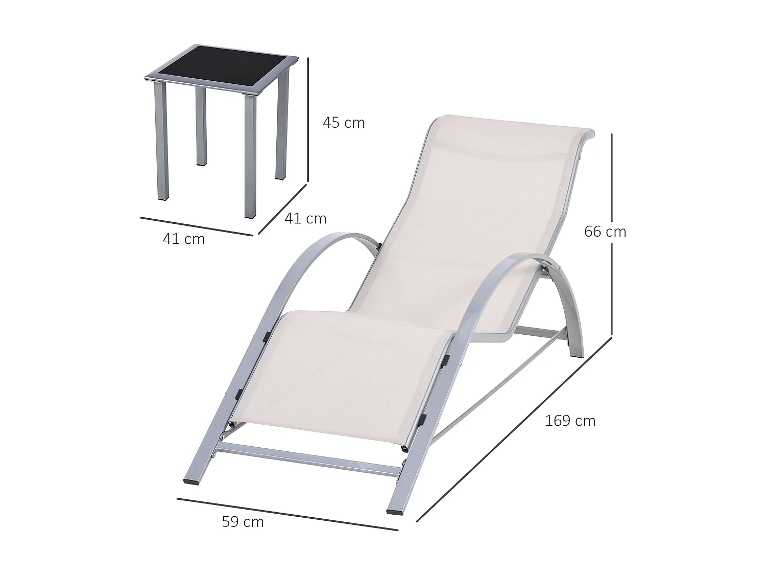 Set 2 sdraio da giardino e tavolino con piano in vetro crema