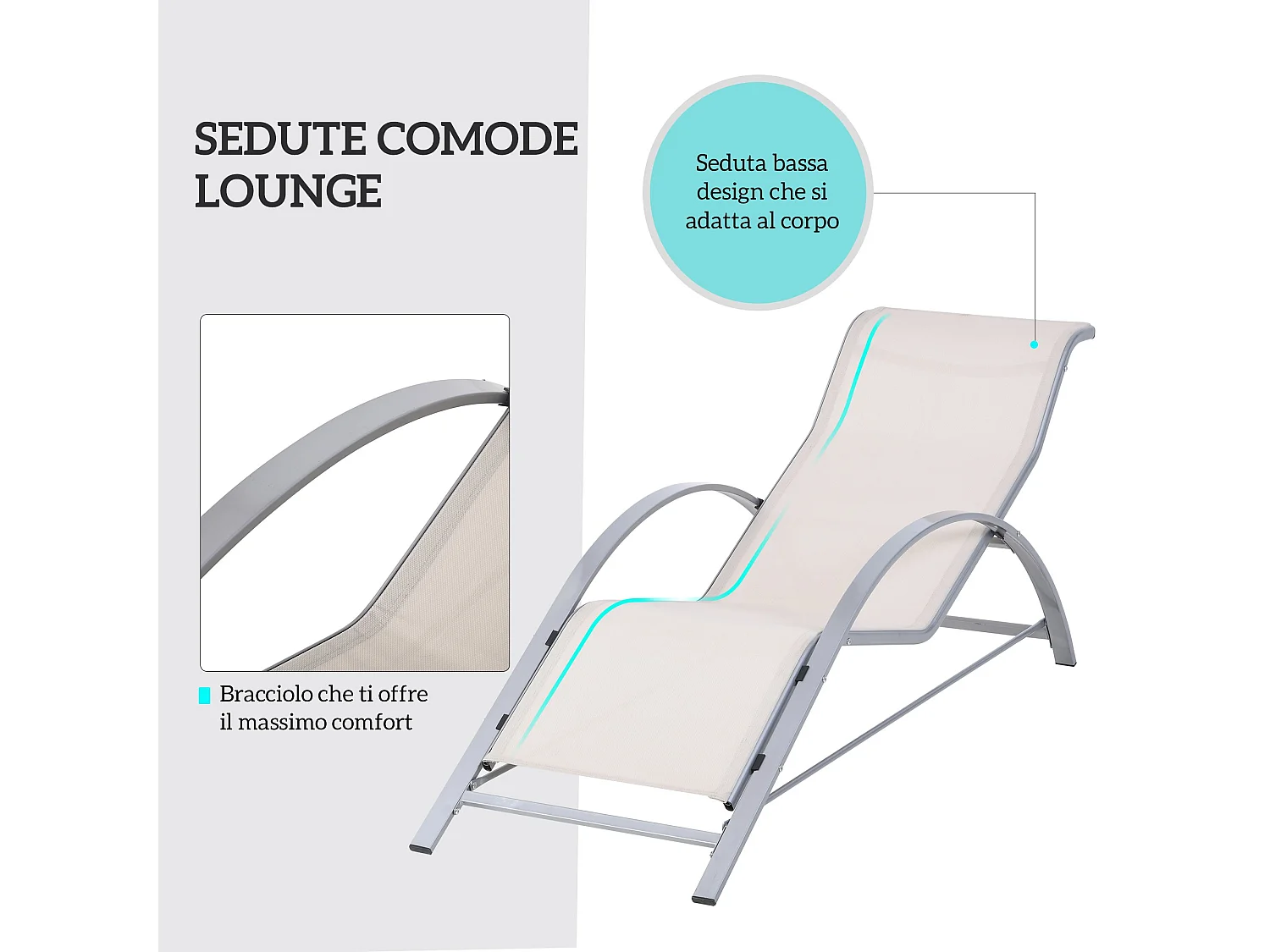 Set 2 sdraio da giardino e tavolino con piano in vetro crema