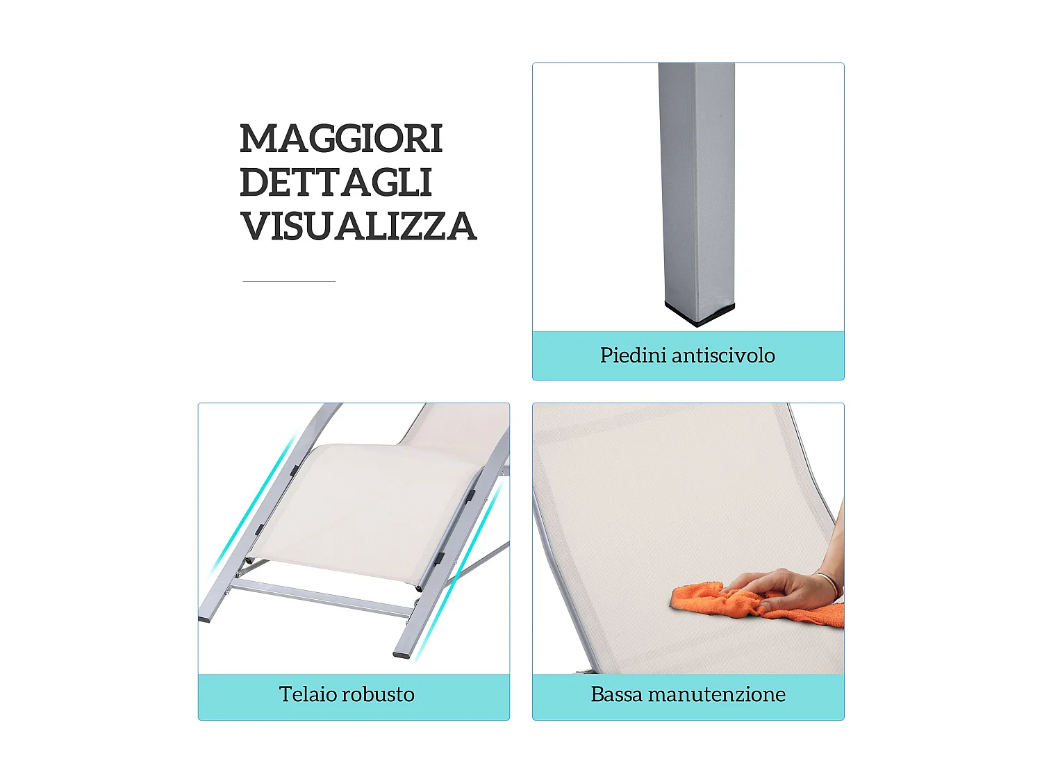 Set 2 sdraio da giardino e tavolino con piano in vetro crema