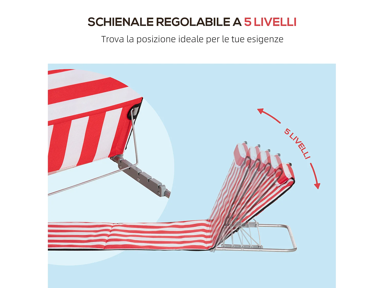 Set 2 lettini mare pieghevoli con schienale regolabile e borsa rosso