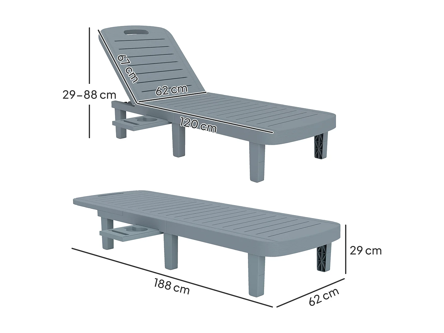 Set 2 lettini prendisole con schienale regolabile grigio scuro