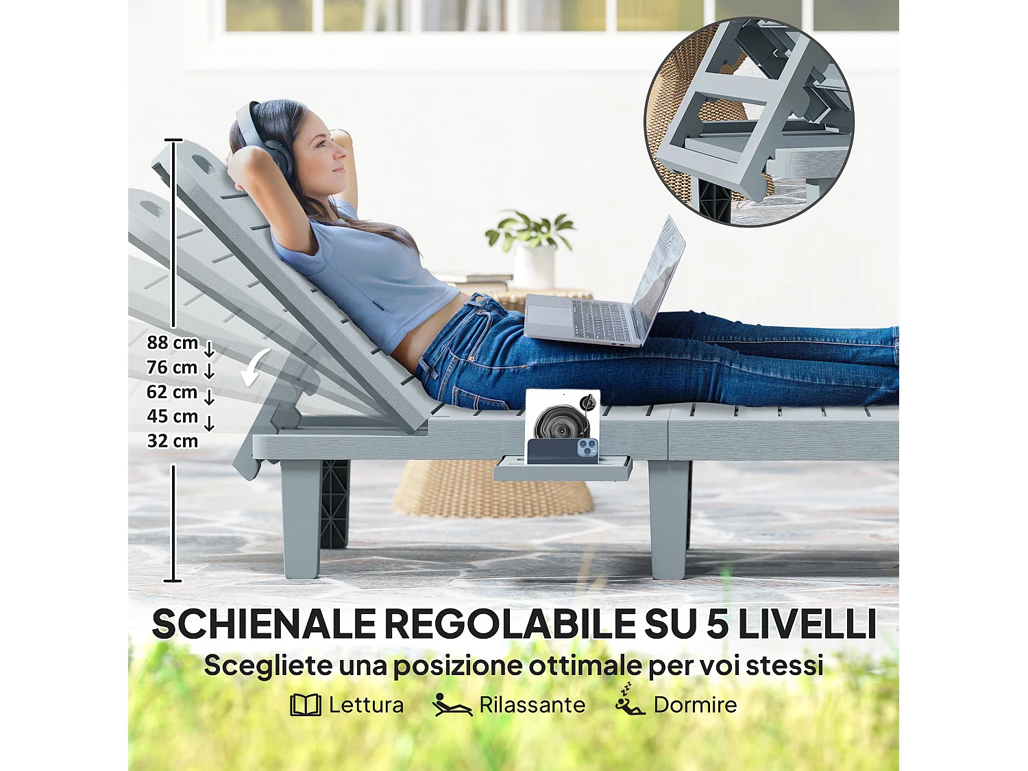 Set 2 lettini prendisole con schienale regolabile grigio scuro