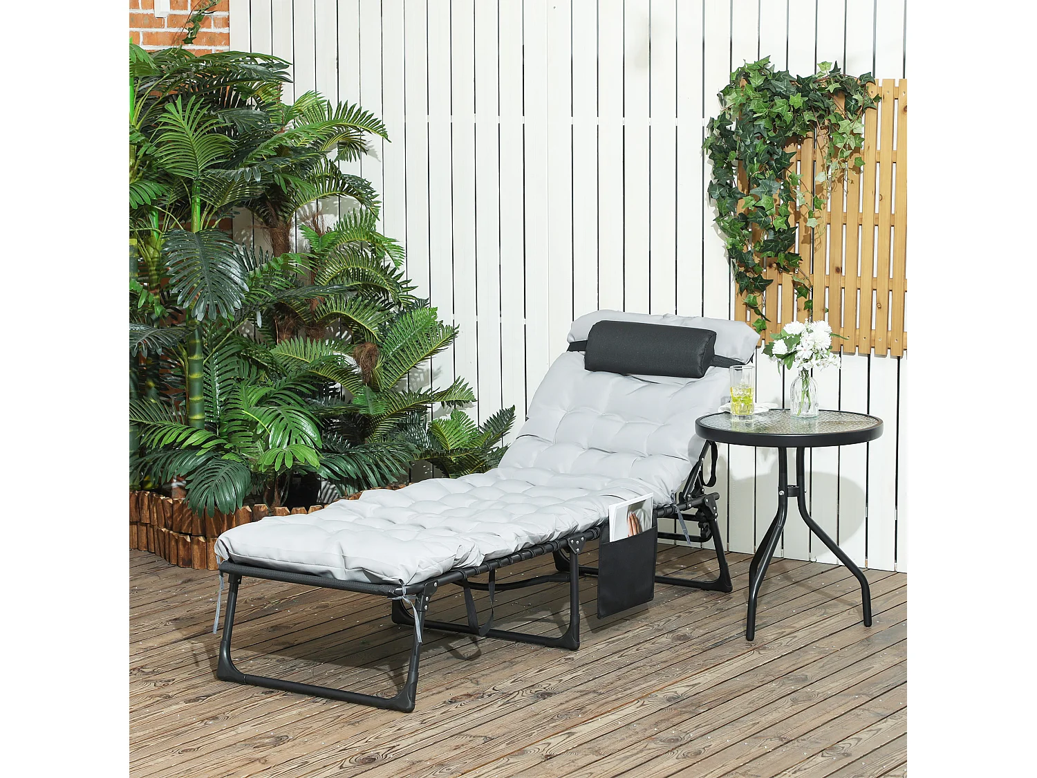 Lettino prendisole pieghevole con cuscino e tasca laterale grigio