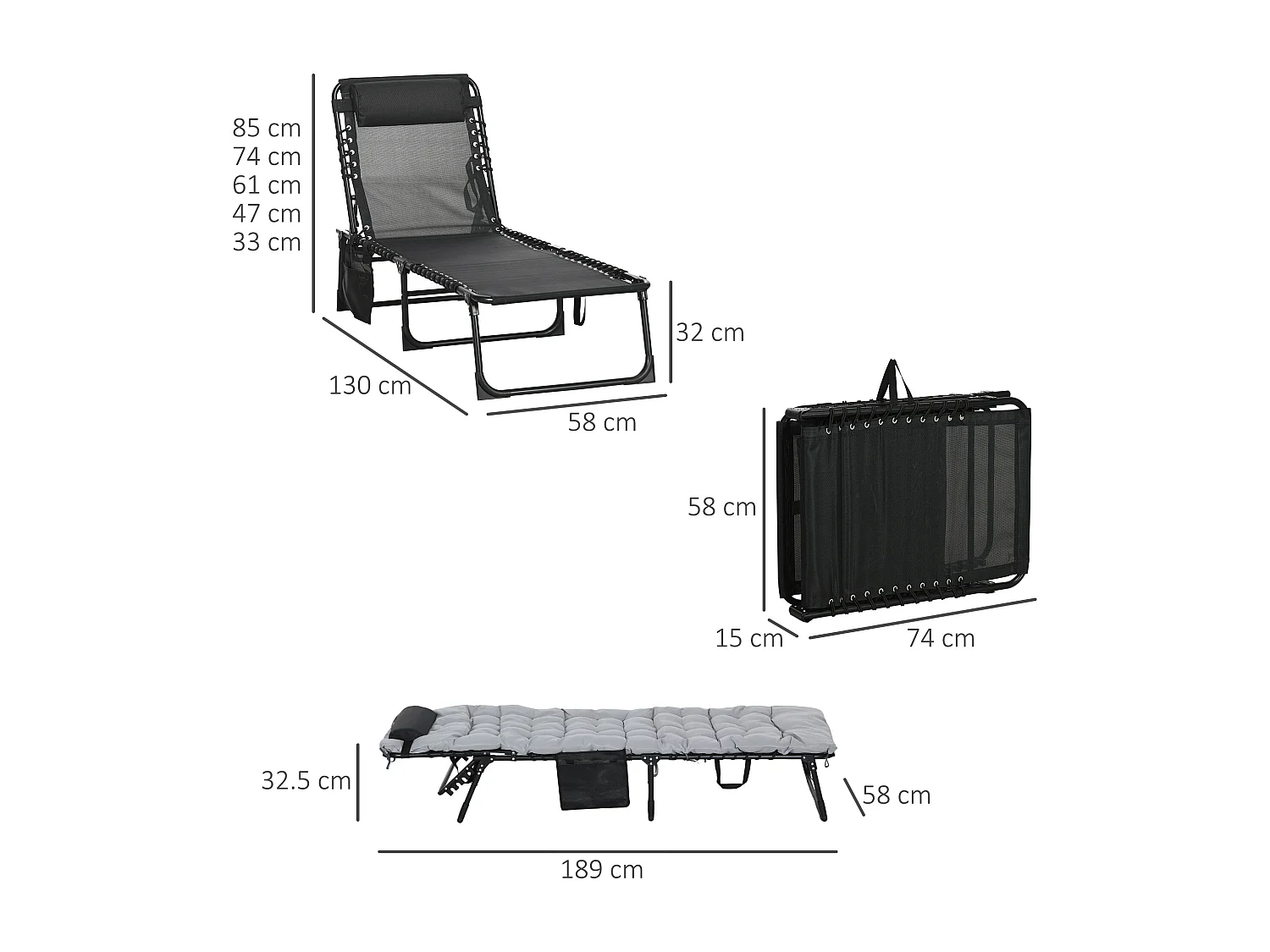 Lettino prendisole pieghevole con cuscino e tasca laterale grigio