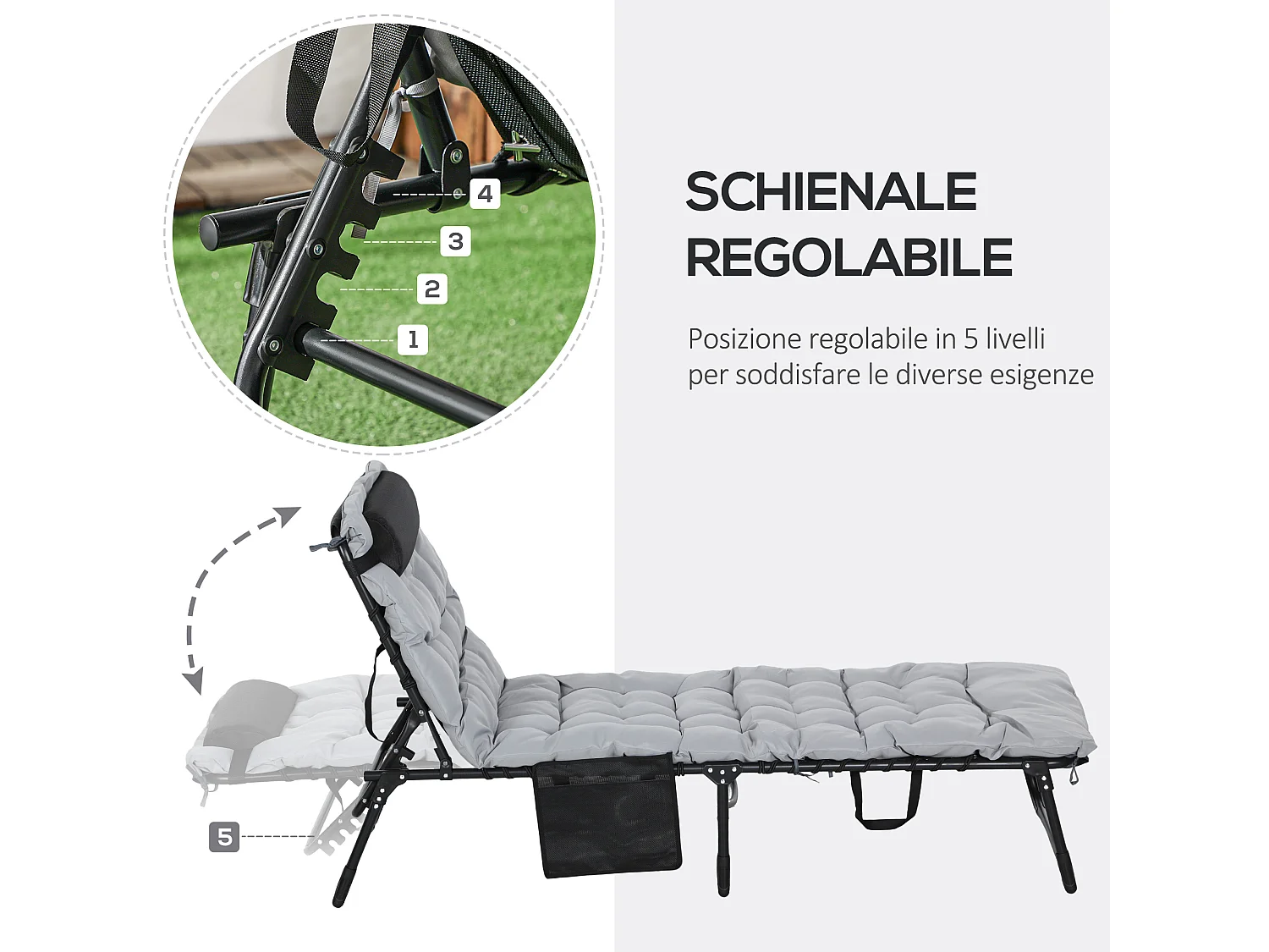 Lettino prendisole pieghevole con cuscino e tasca laterale grigio