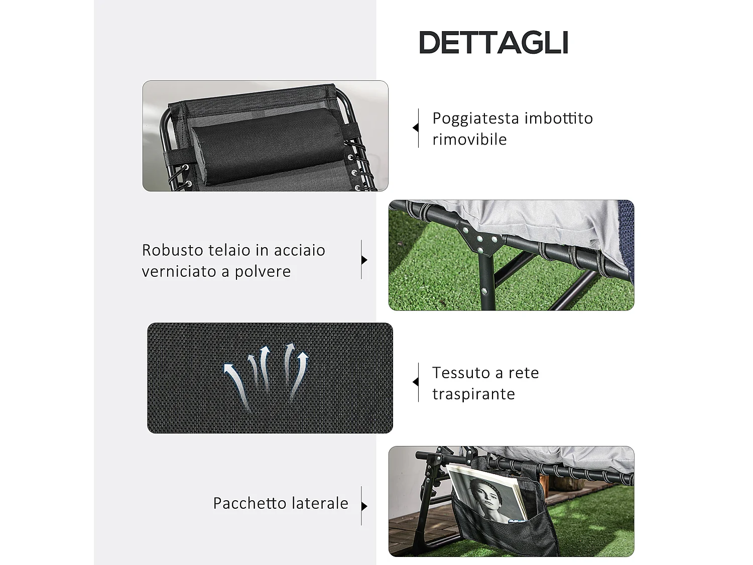 Lettino prendisole pieghevole con cuscino e tasca laterale grigio