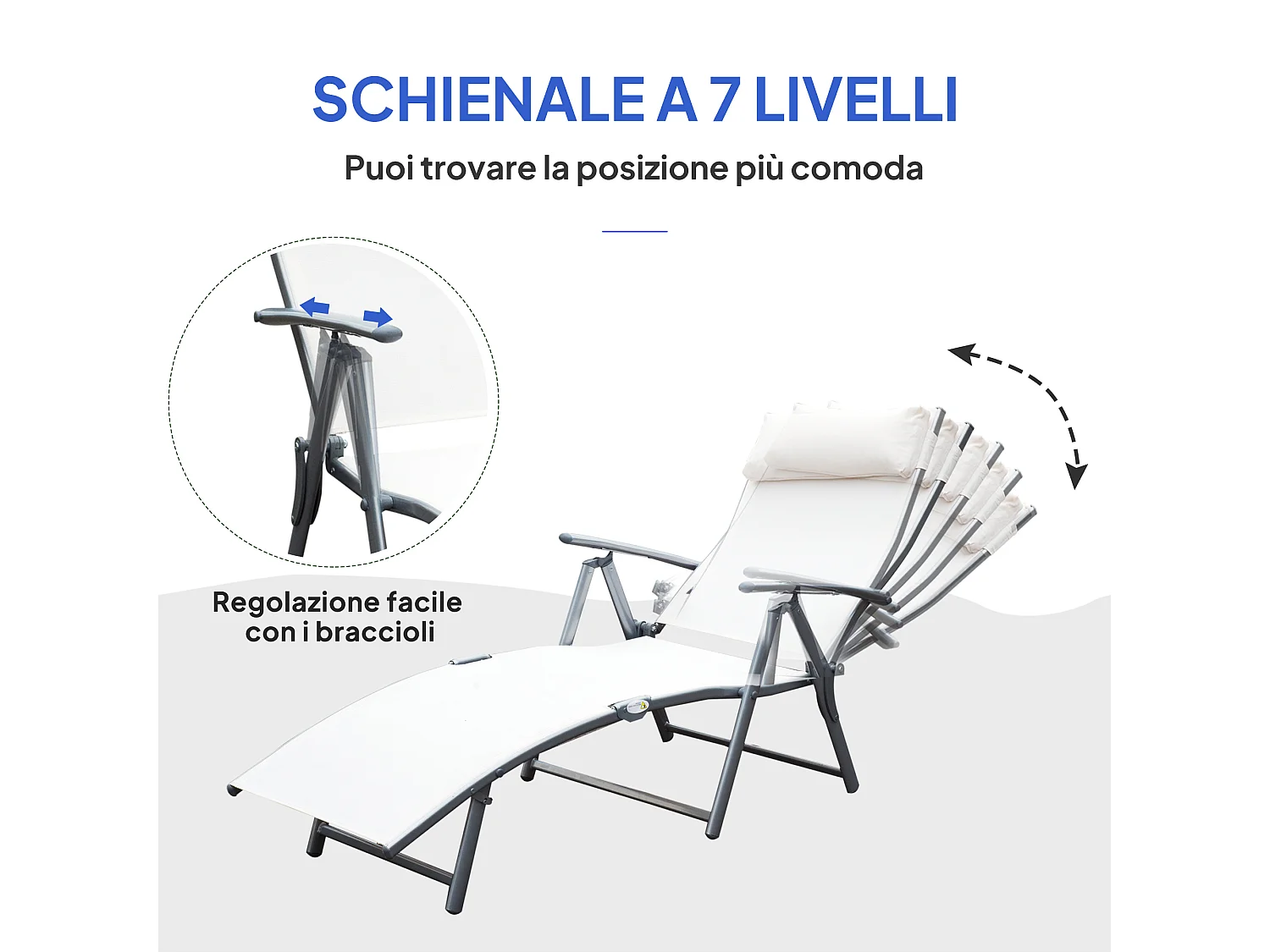 Sdraio da giardino pieghevole con cuscino e schienale 7 reclinazioni