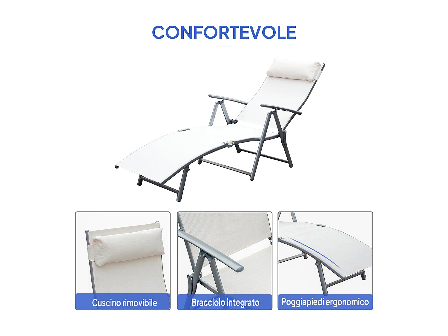 Sdraio da giardino pieghevole con cuscino e schienale 7 reclinazioni