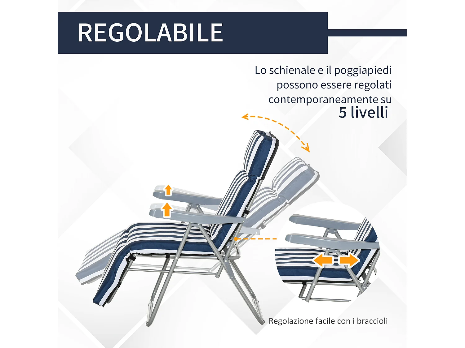 Set 2 sedie sdraio pieghevoli imbottite con braccioli blu e bianco