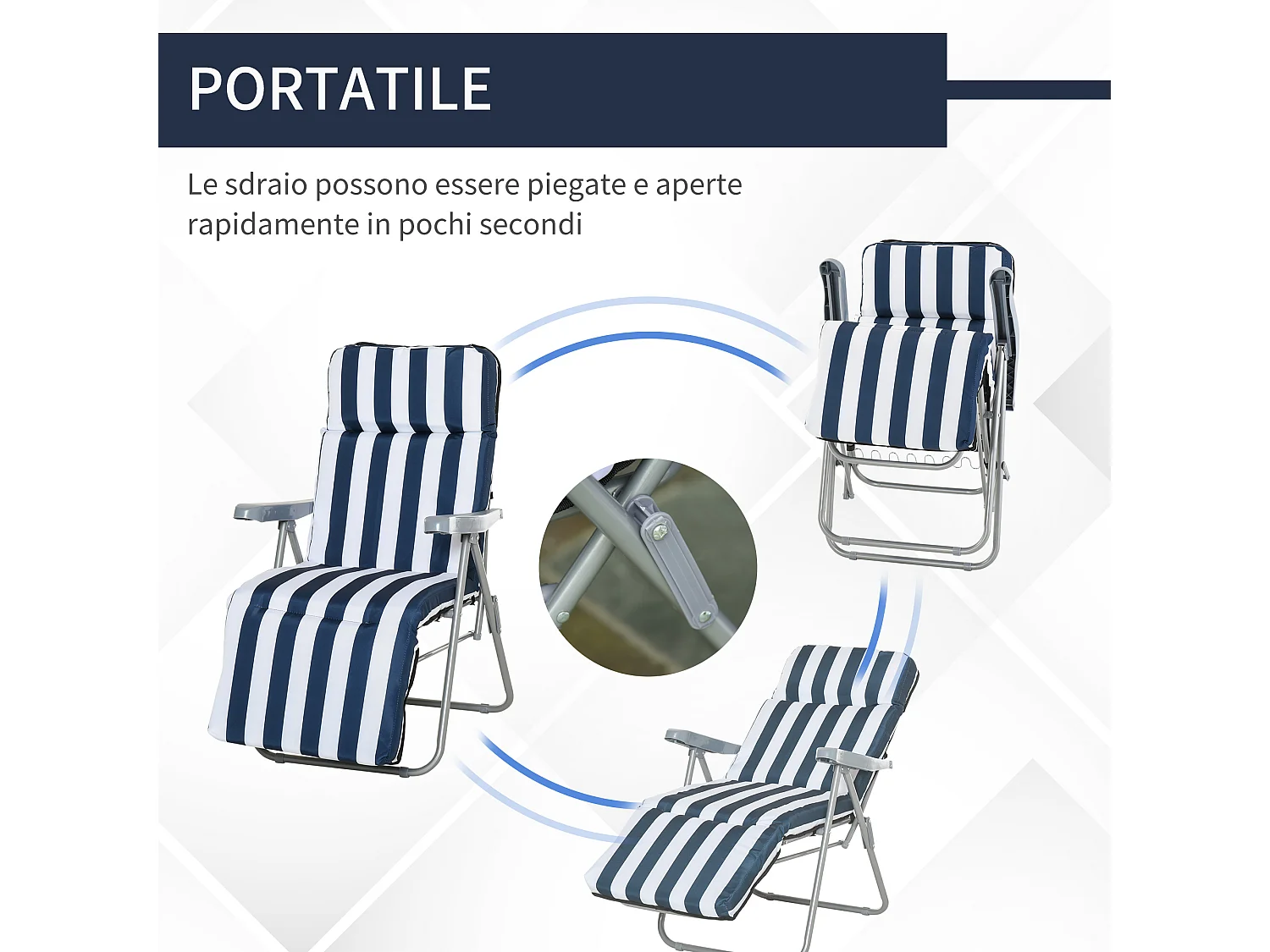Set 2 sedie sdraio pieghevoli imbottite con braccioli blu e bianco