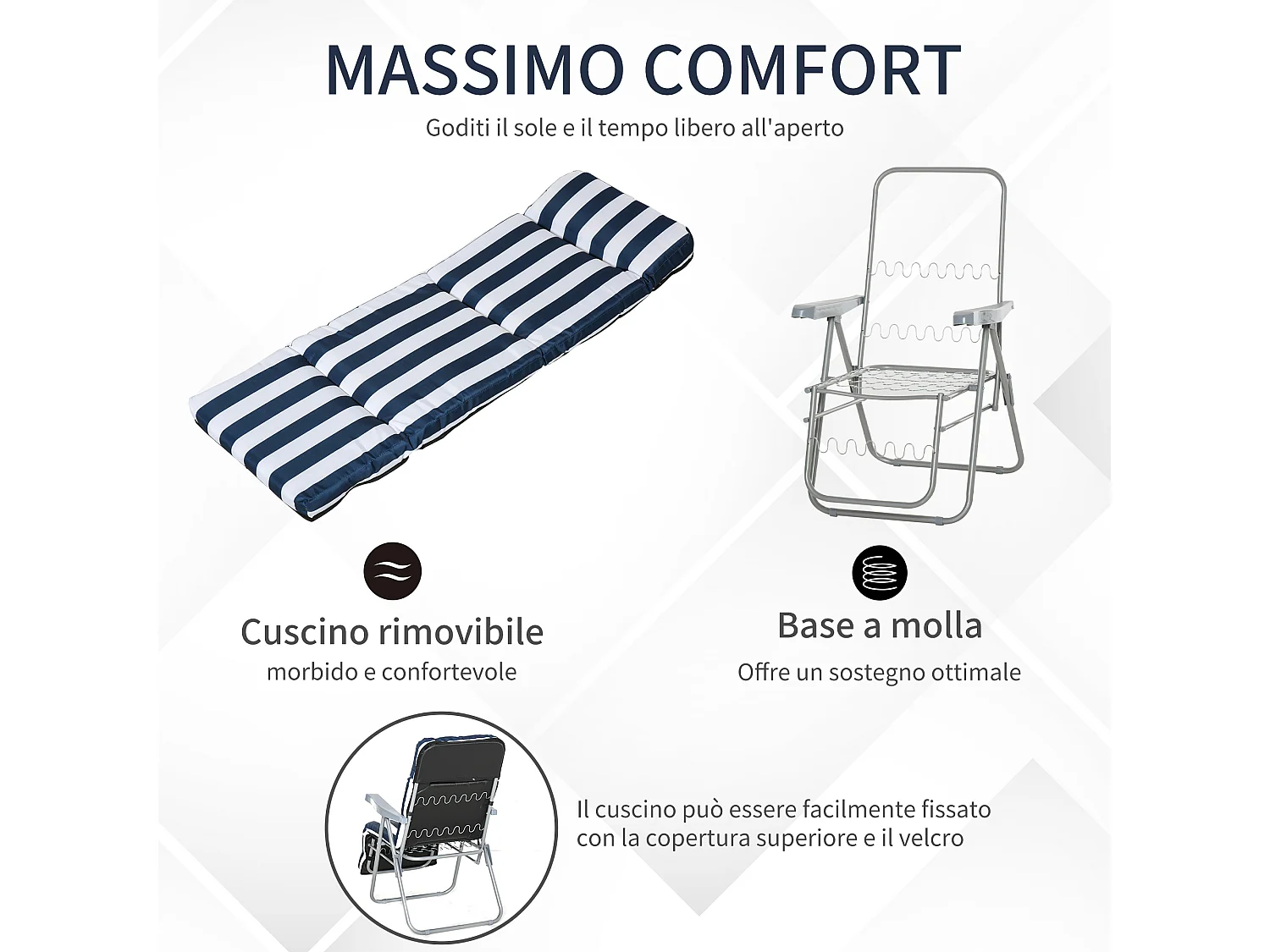 Set 2 sedie sdraio pieghevoli imbottite con braccioli blu e bianco