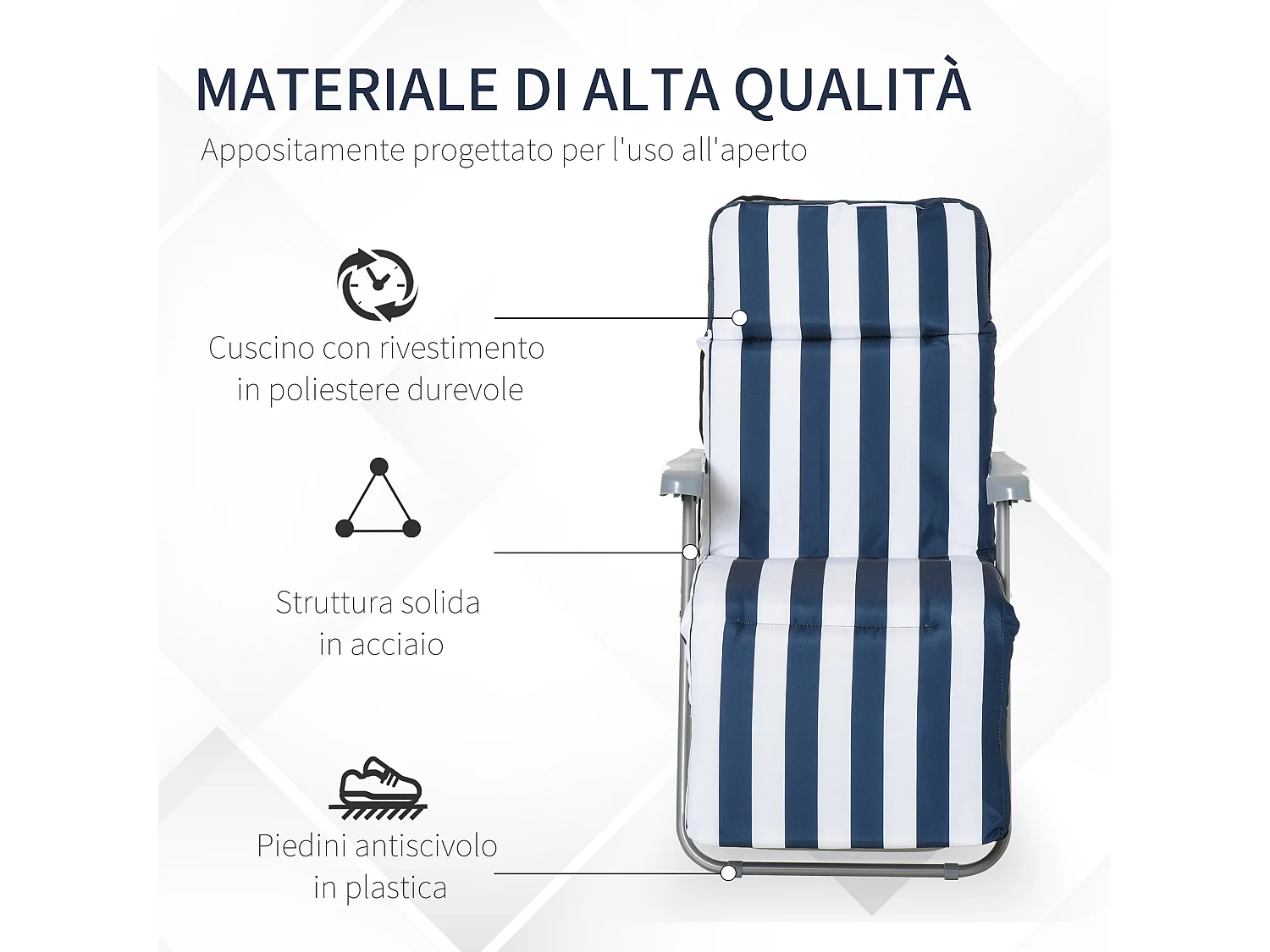 Set 2 sedie sdraio pieghevoli imbottite con braccioli blu e bianco