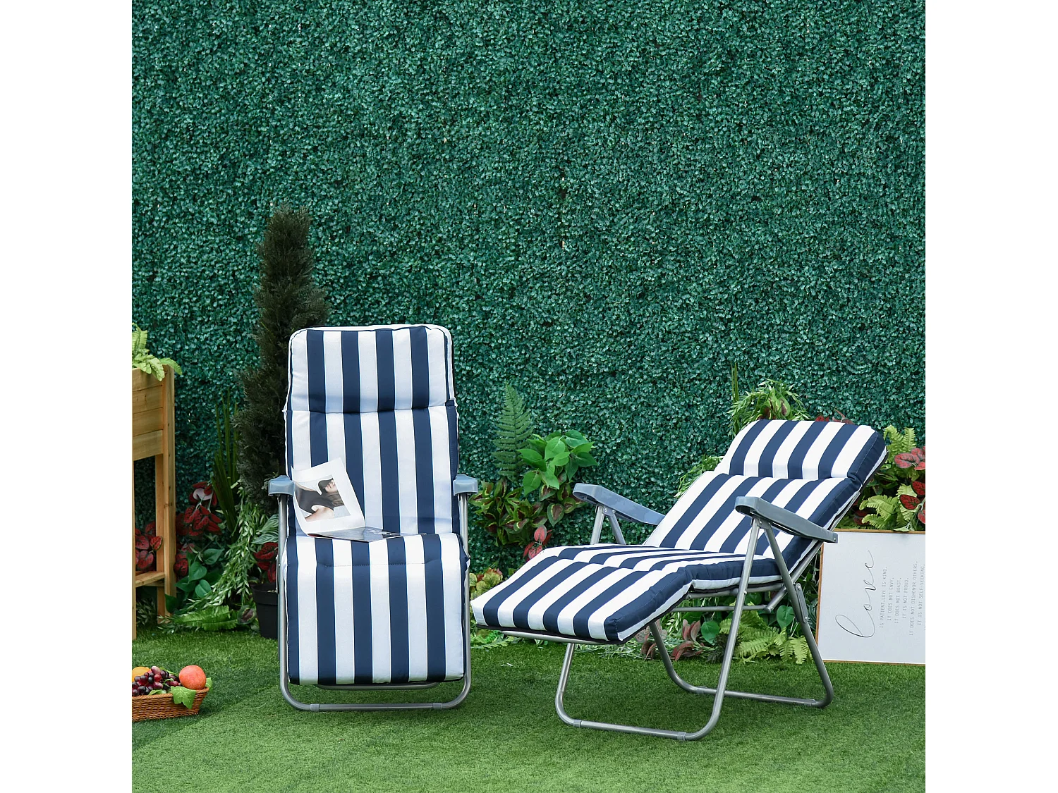 Set 2 sedie sdraio pieghevoli imbottite con braccioli blu e bianco