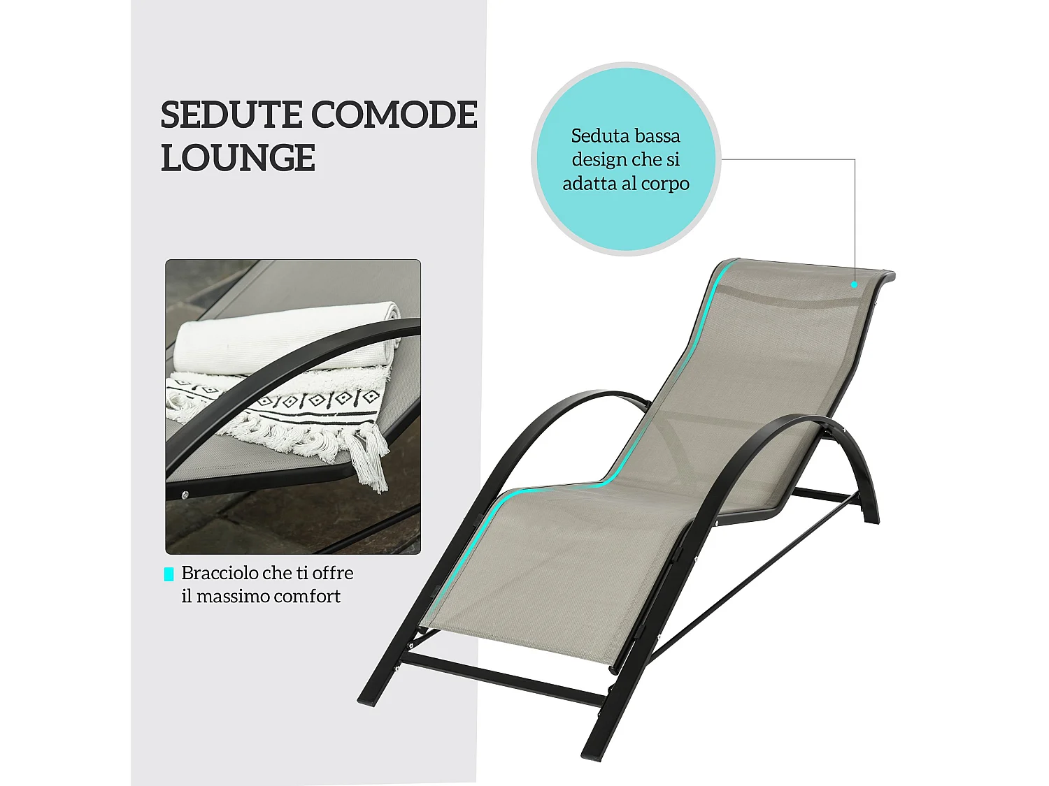 Set 2 sdraio da giardino e tavolino con piano in vetro grigio