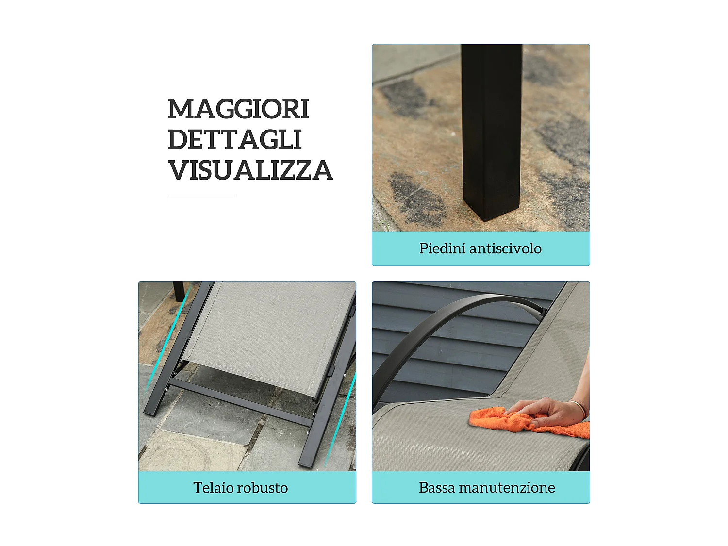 Set 2 sdraio da giardino e tavolino con piano in vetro grigio