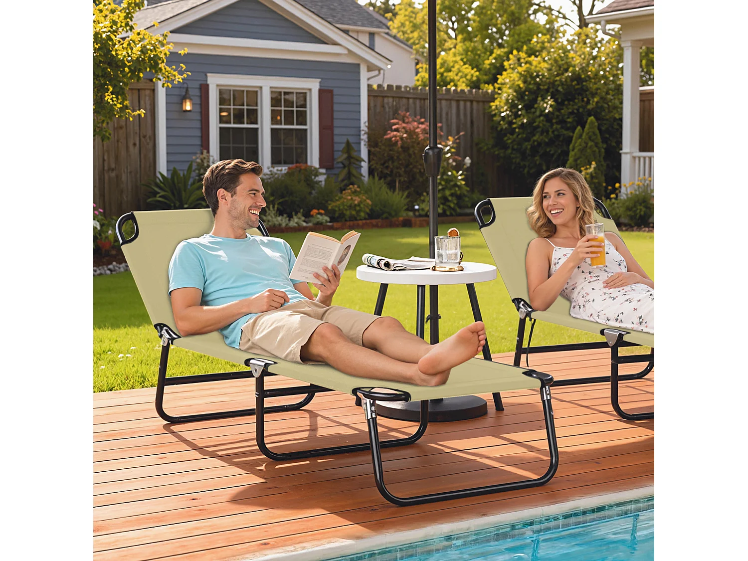 Lettino da giardino con schienale regolabile in 5 posizioni beige