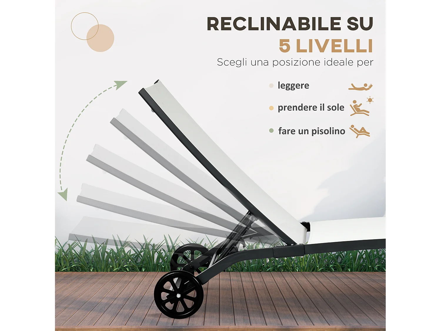 Set 2 lettini prendisole con schienale reclinabile su 5 livelli crema