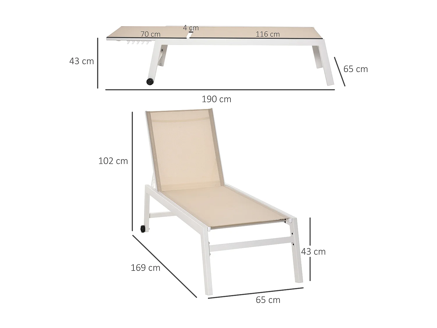 Lettino prendisole con schienale reclinabile su 5 livelli grigio nero
