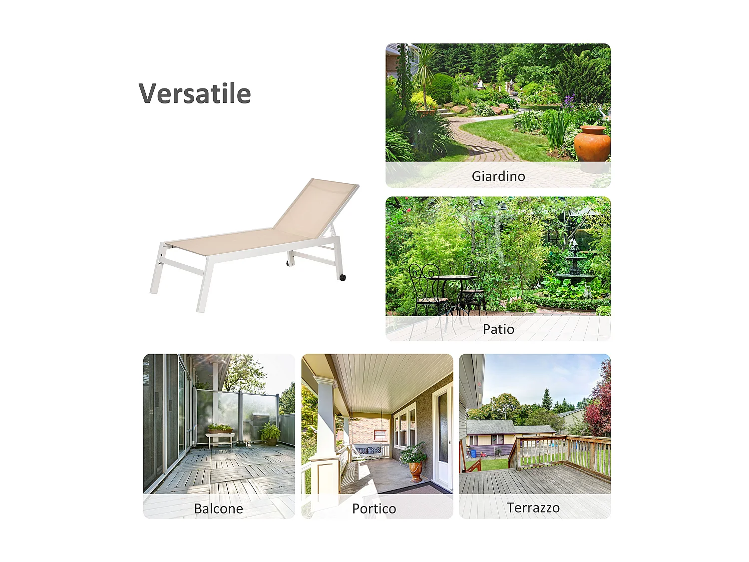 Lettino prendisole con schienale reclinabile su 5 livelli grigio nero