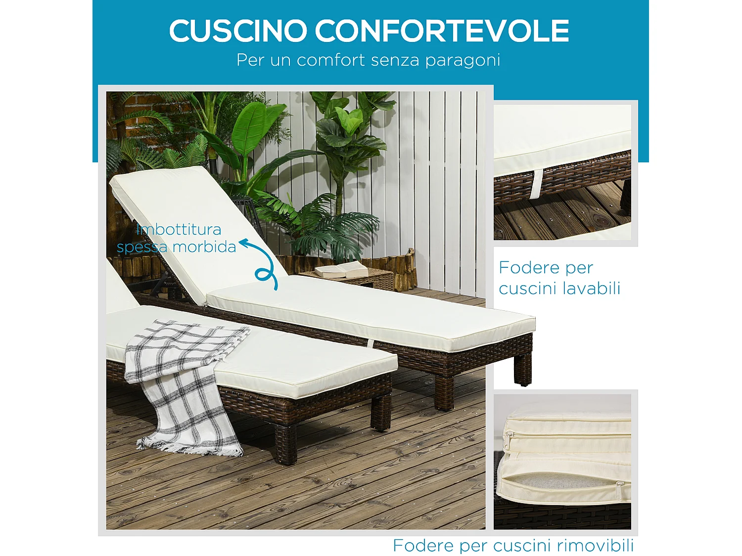 Set 2 lettini sdraio rattan pe schienale a 5 reclinazioni