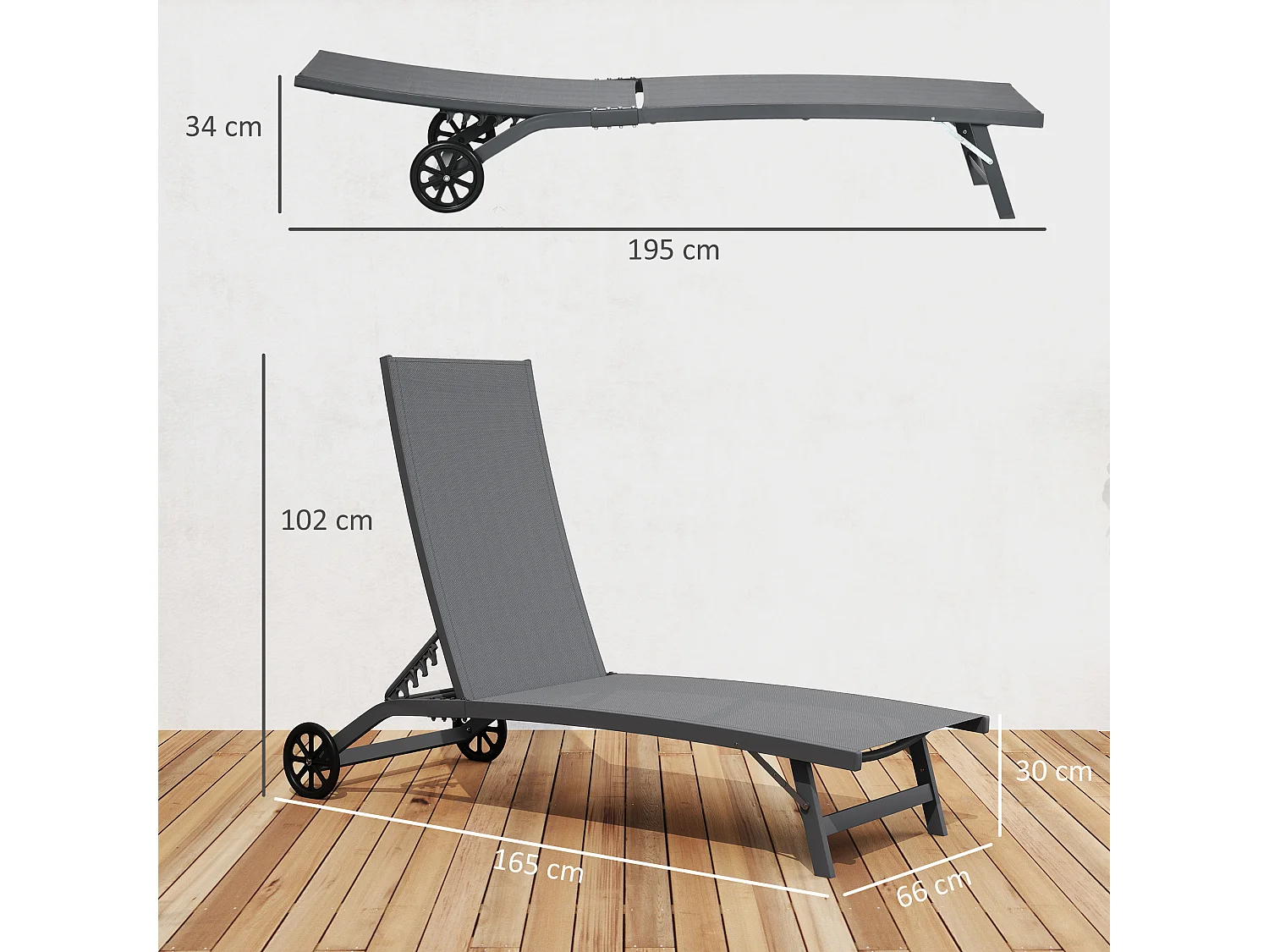 Set 2 lettini prendisole con schienale reclinabile su 5 livelli grigio