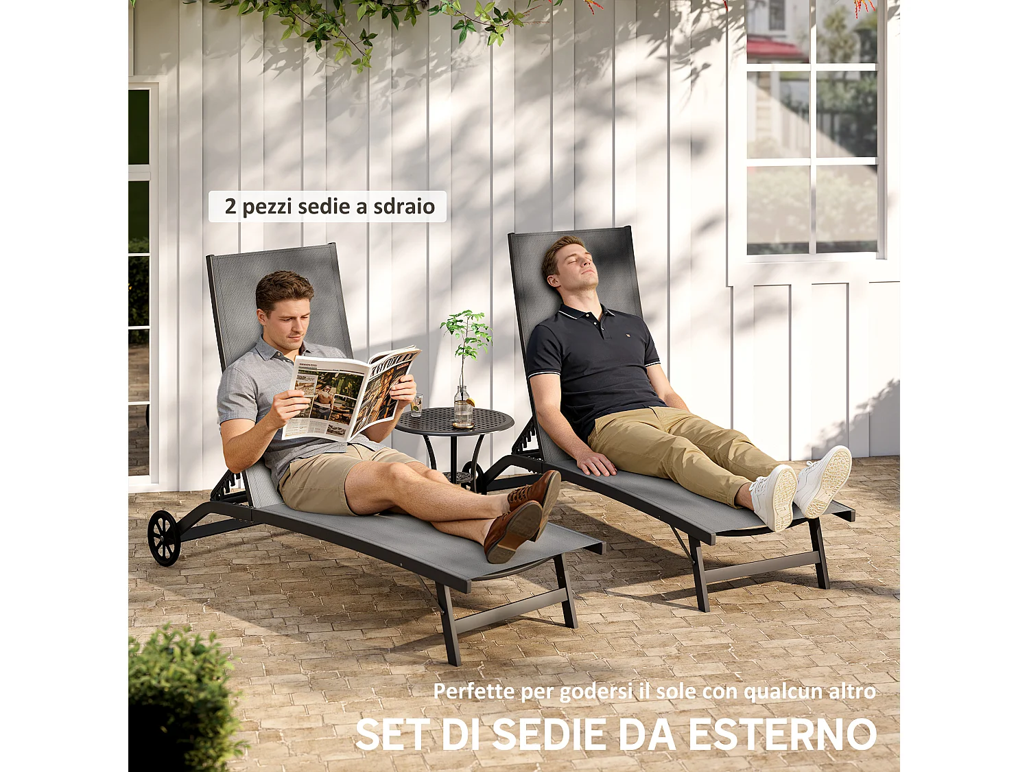 Set 2 lettini prendisole con schienale reclinabile su 5 livelli grigio