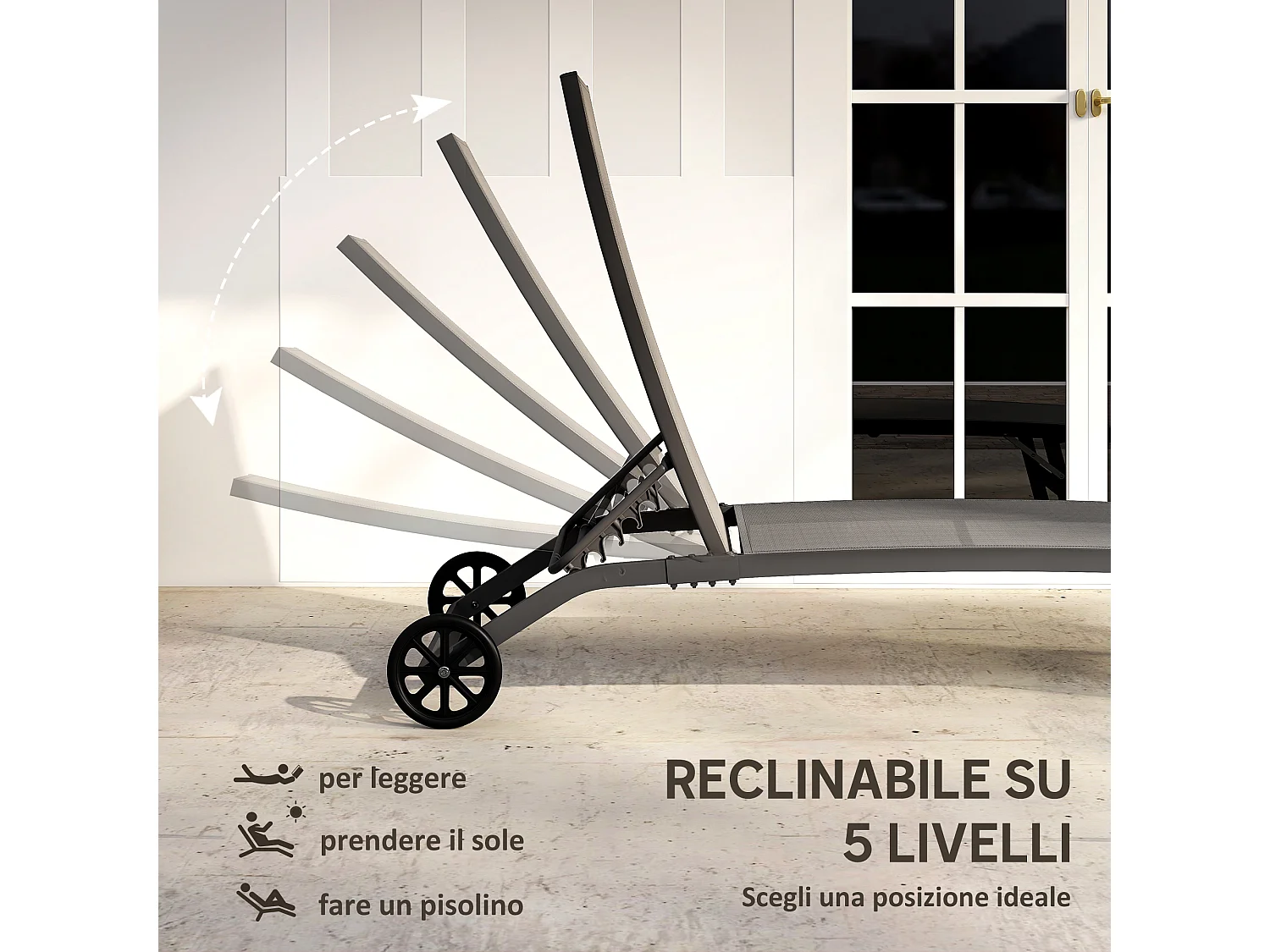 Set 2 lettini prendisole con schienale reclinabile su 5 livelli grigio
