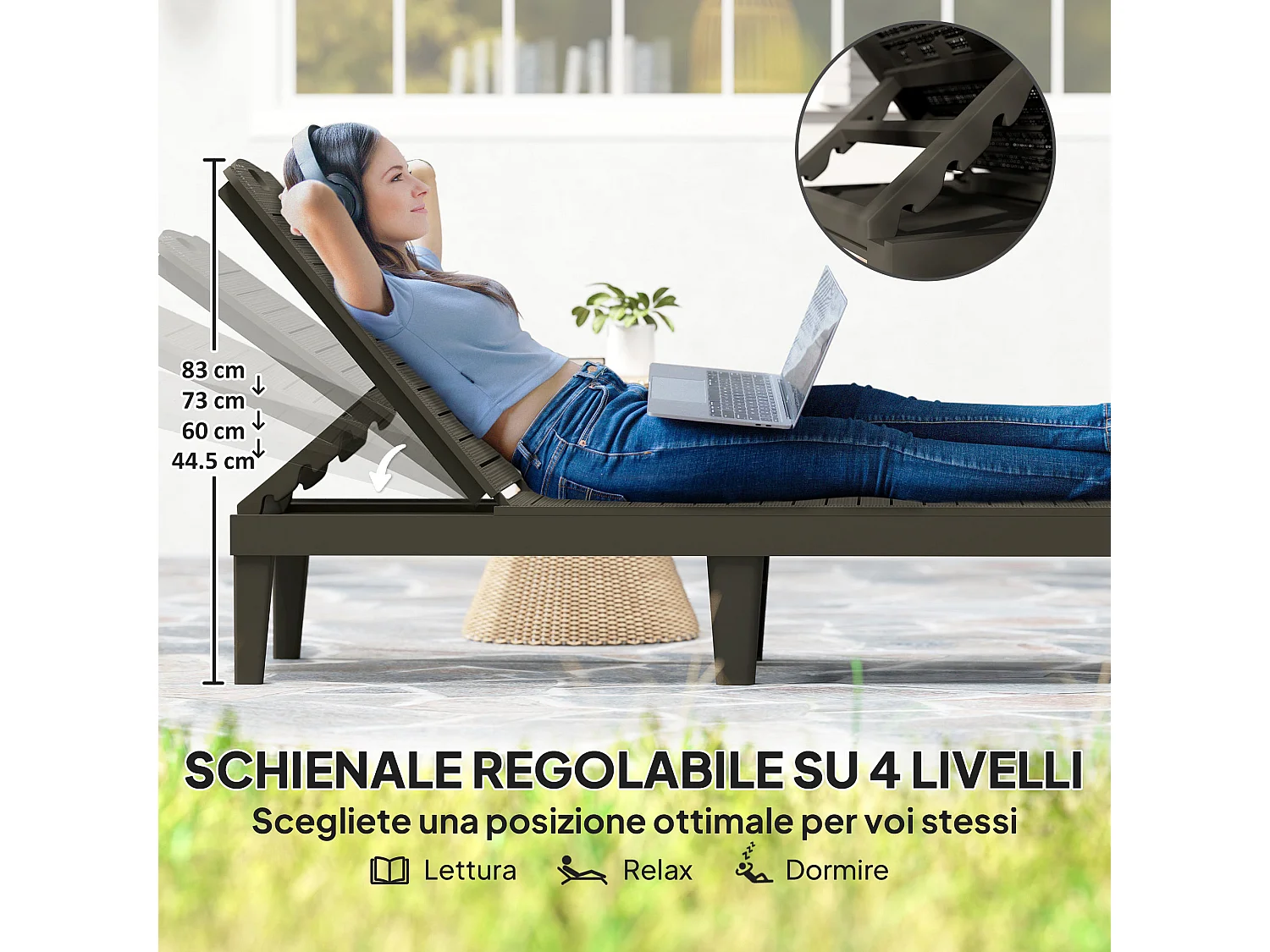 Set 2 lettini prendisole con schienale a 4 reclinazioni nero