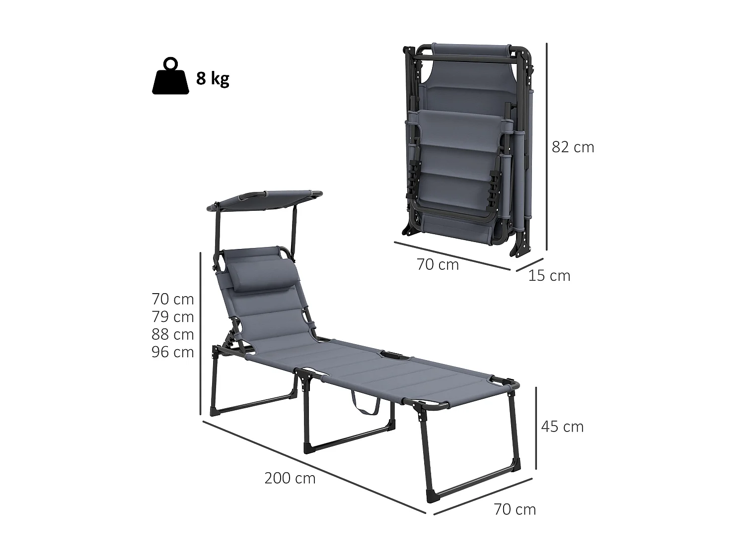 Sdraio da giardino pieghevole con schienale regolabile e cuscino