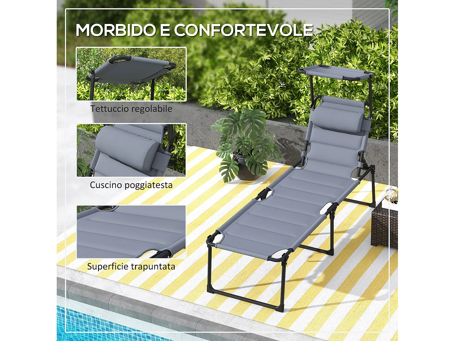 Sdraio da giardino pieghevole con schienale regolabile e cuscino