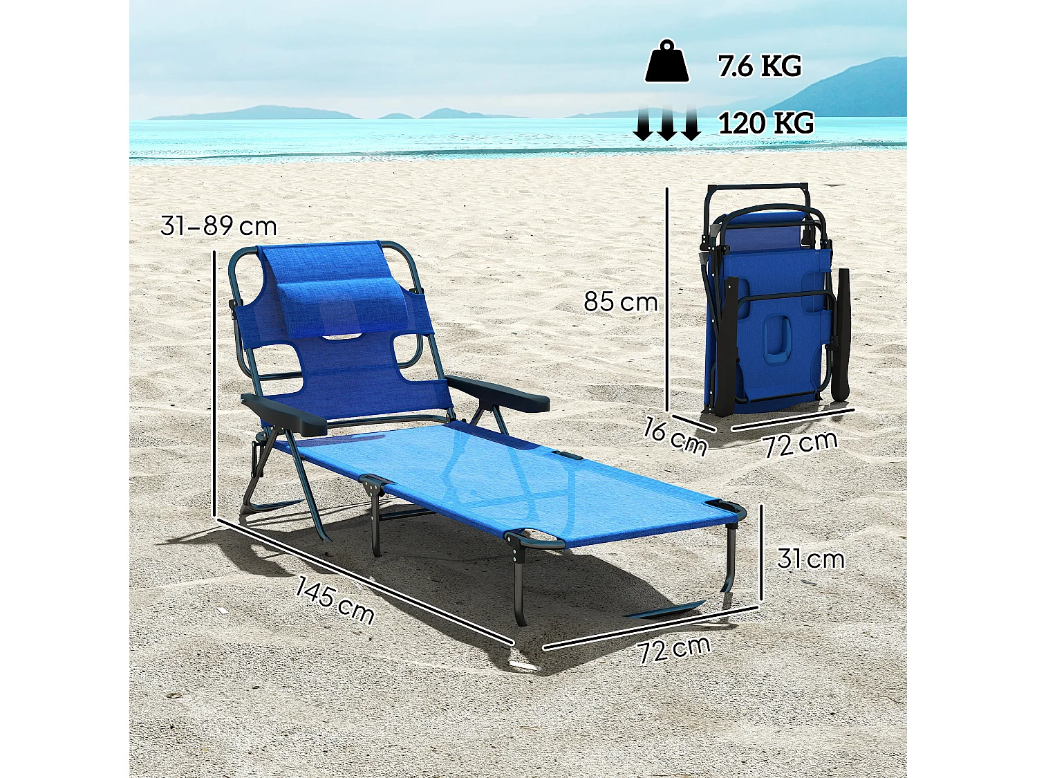 Sdraio da giardino pieghevole con schienale regolabile e foro per viso