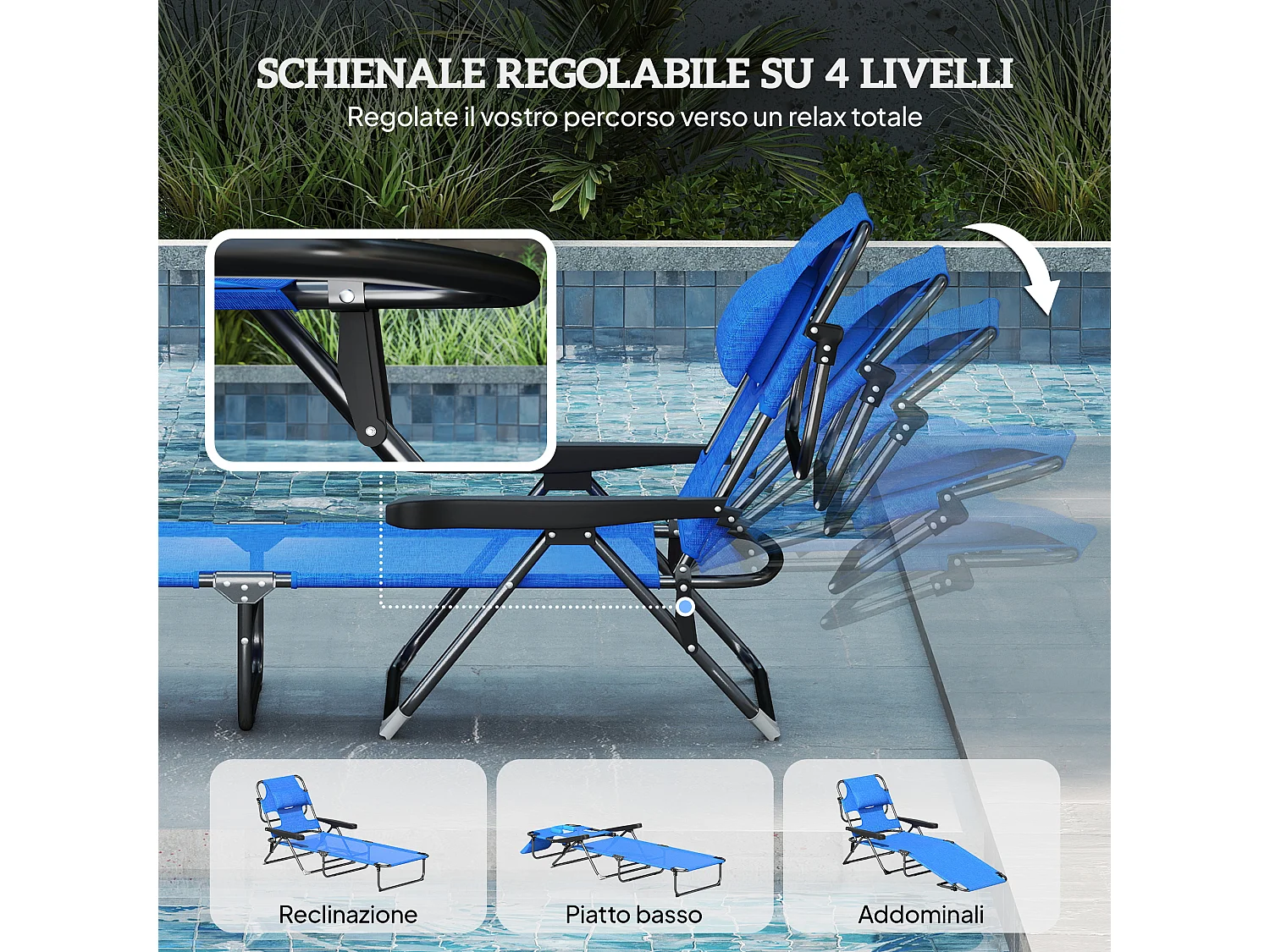 Sdraio da giardino pieghevole con schienale regolabile e foro per viso