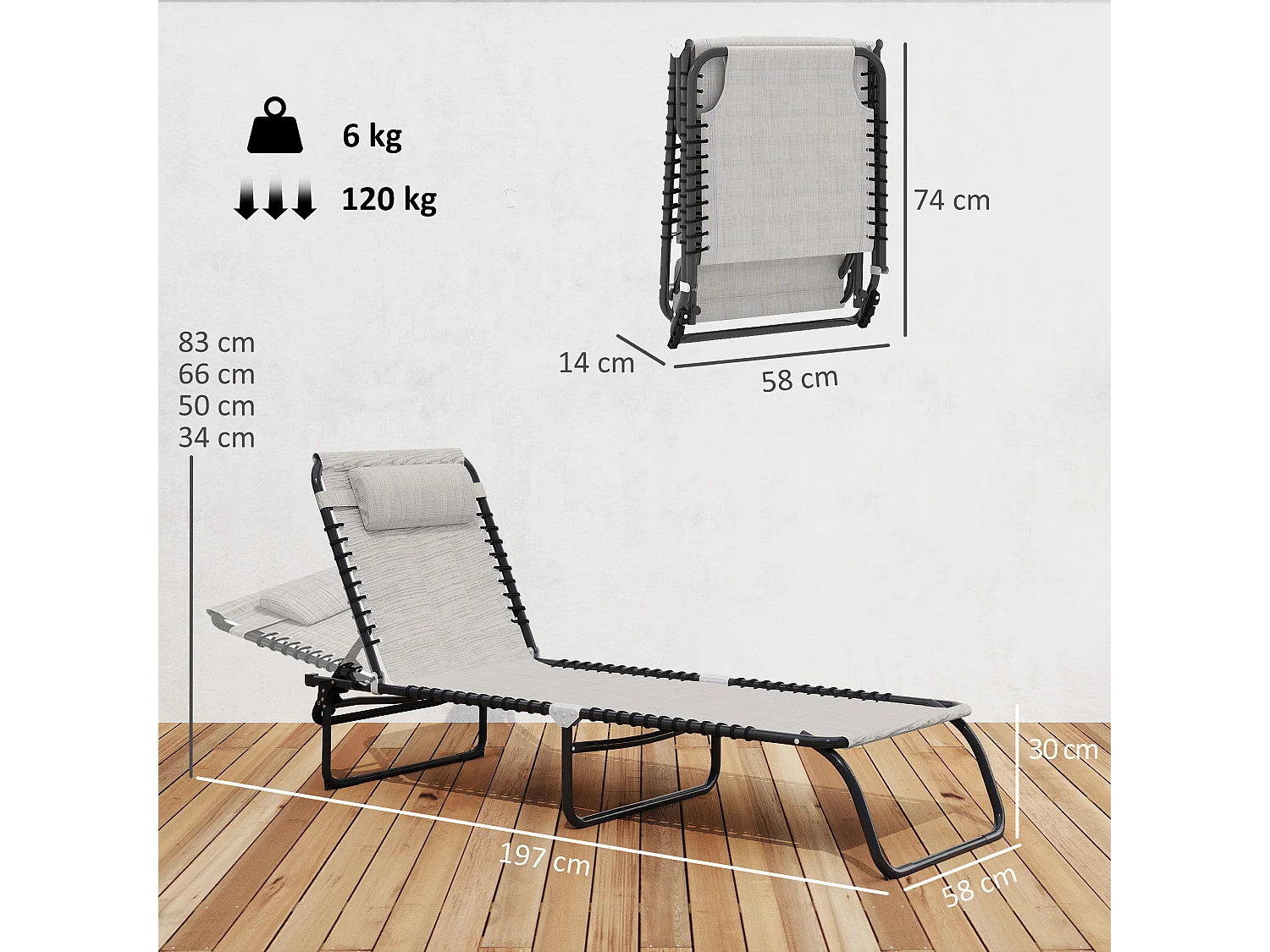 Lettino prendisole con schienale reclinabile a 4 livelli