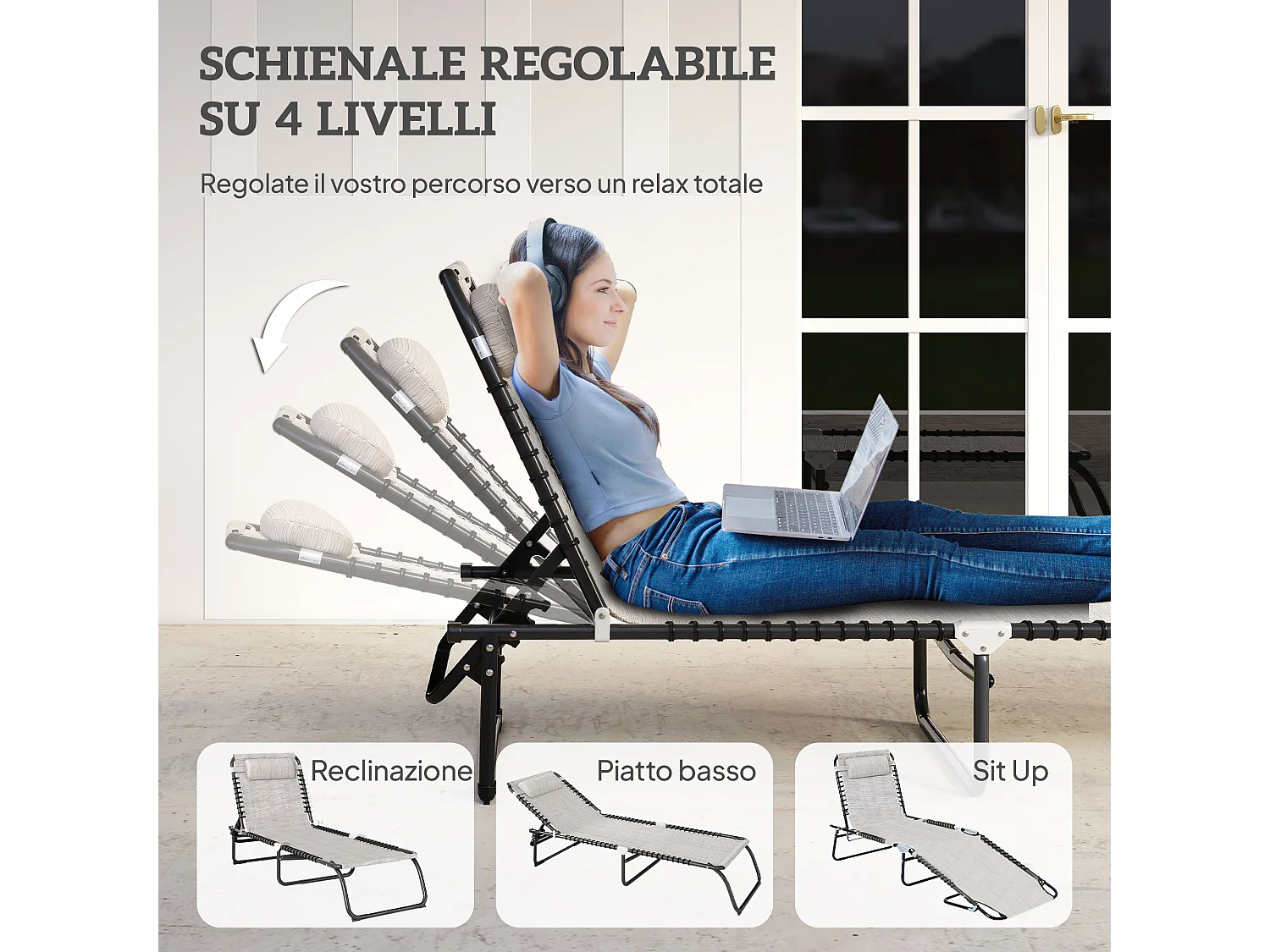 Lettino prendisole con schienale reclinabile a 4 livelli