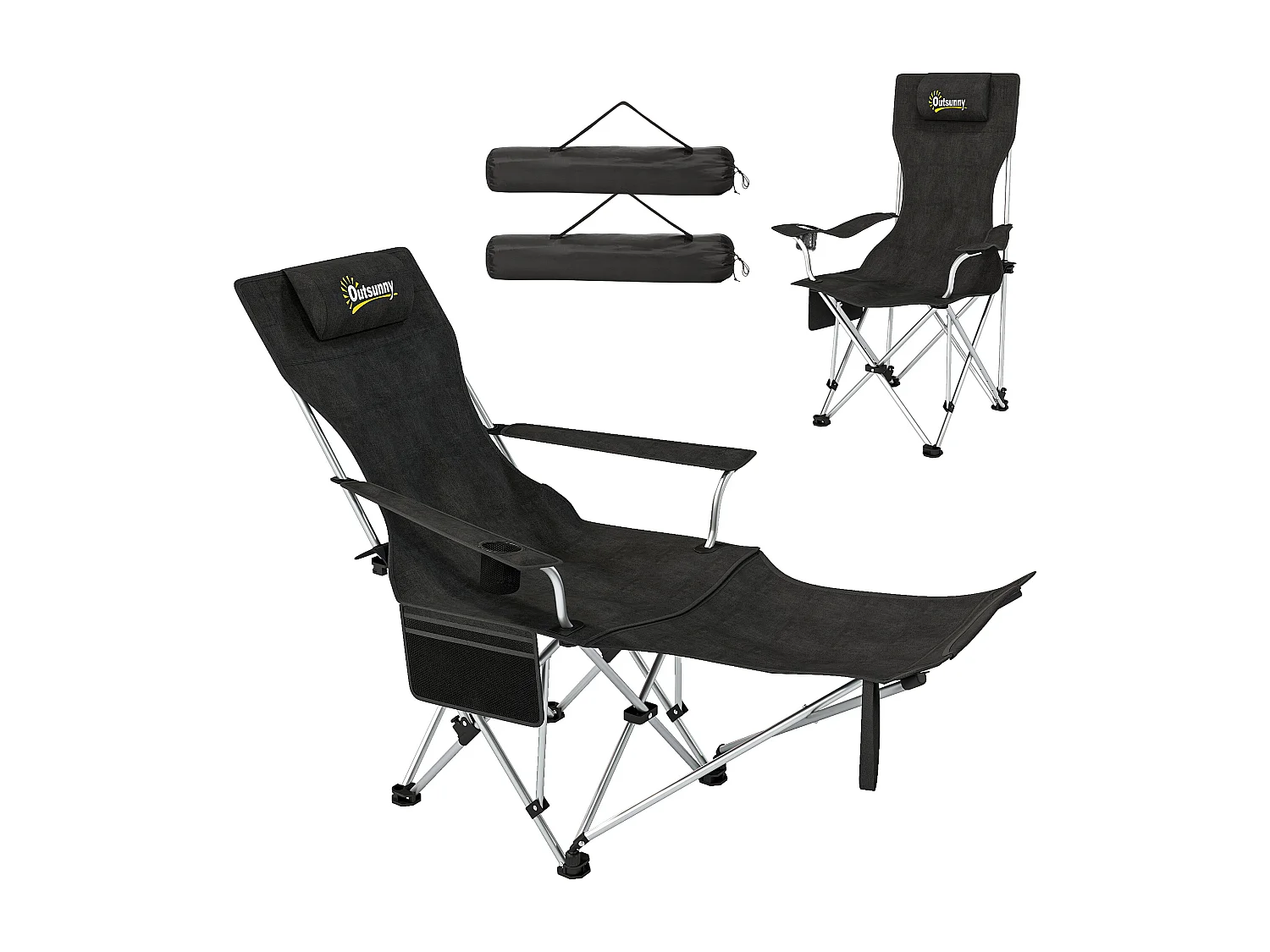 Set 2 sedie da campeggio pieghevoli con poggiapiedi staccabile nero