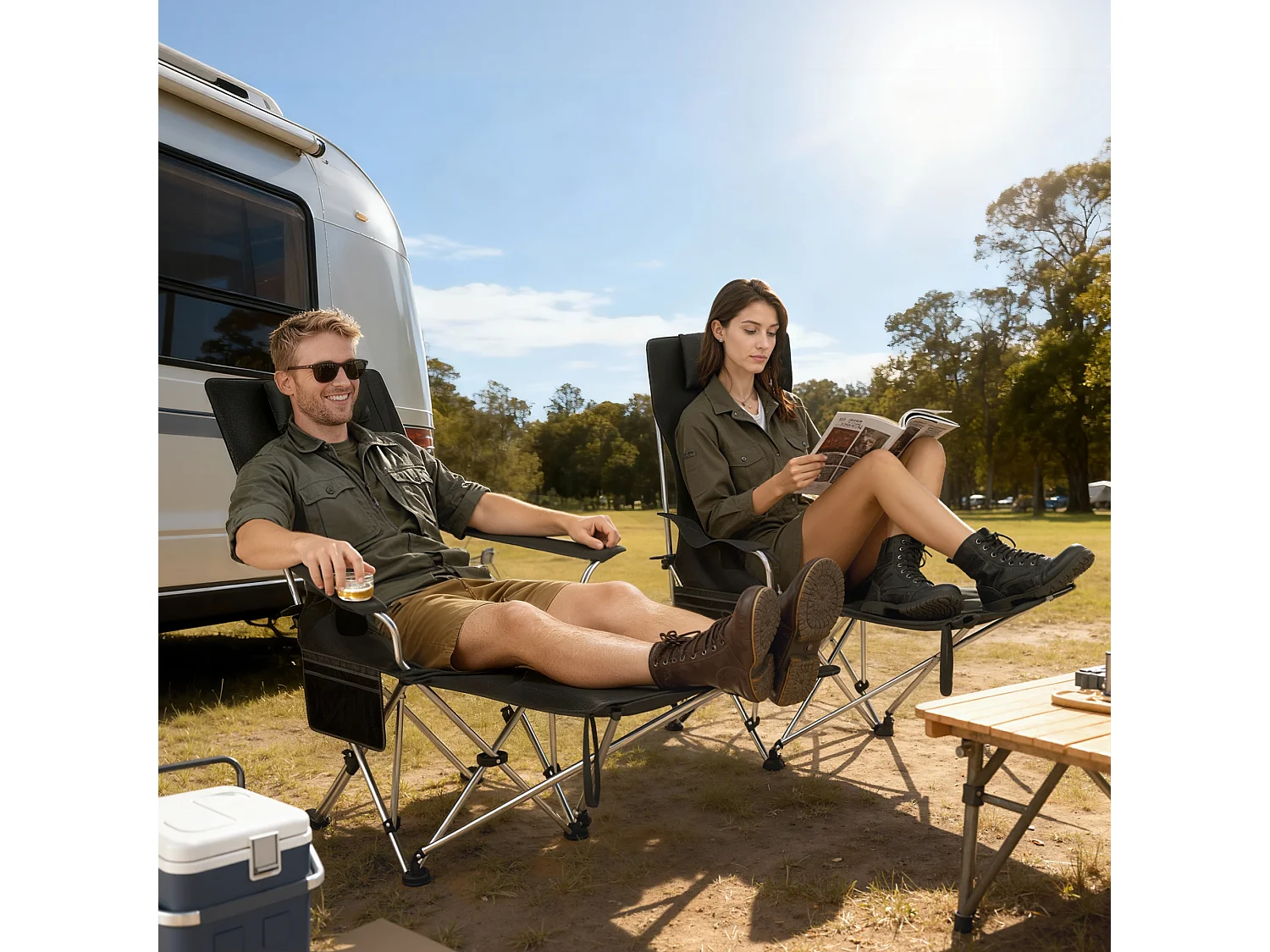 Set 2 sedie da campeggio pieghevoli con poggiapiedi staccabile nero