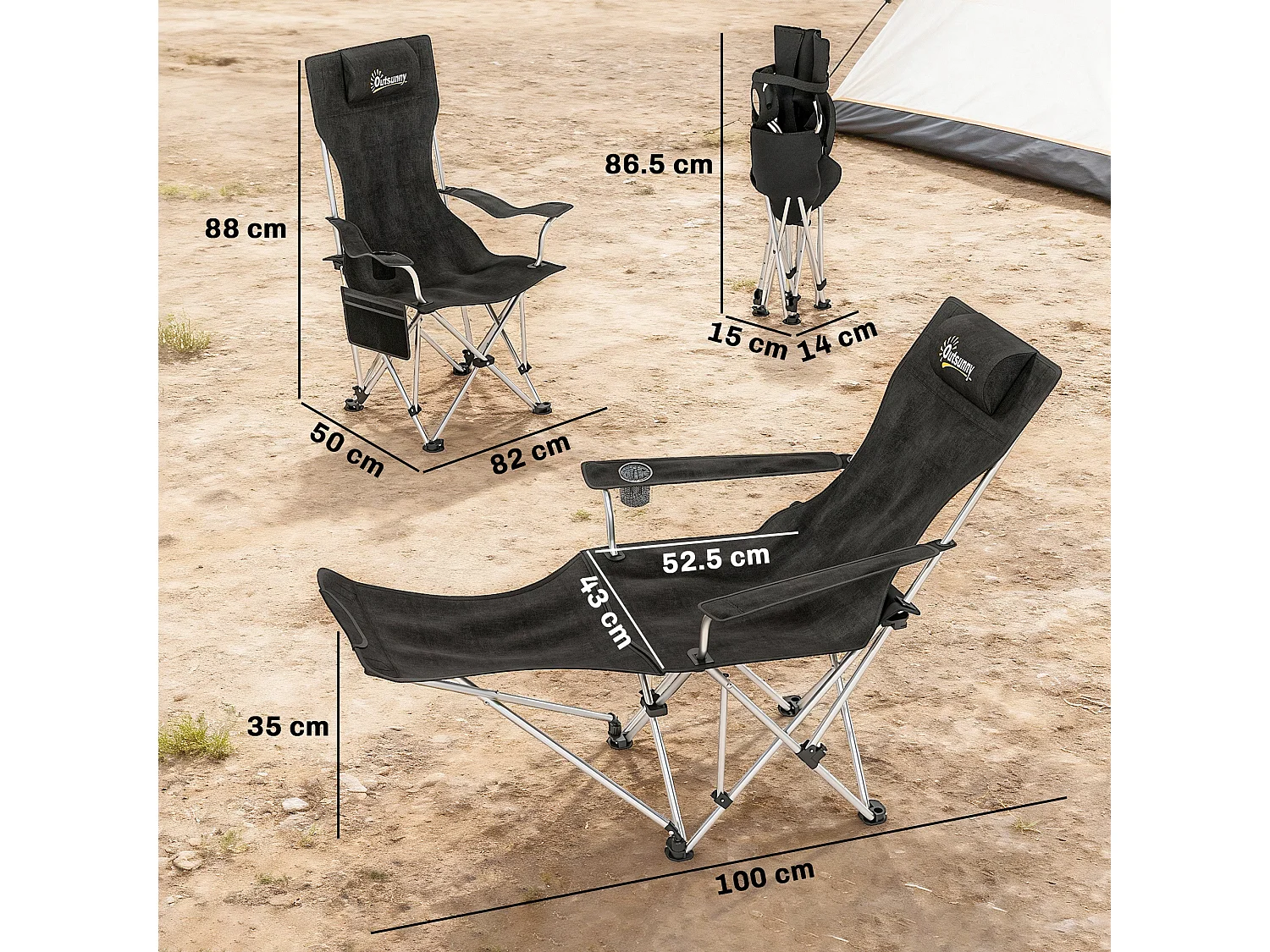 Set 2 sedie da campeggio pieghevoli con poggiapiedi staccabile nero