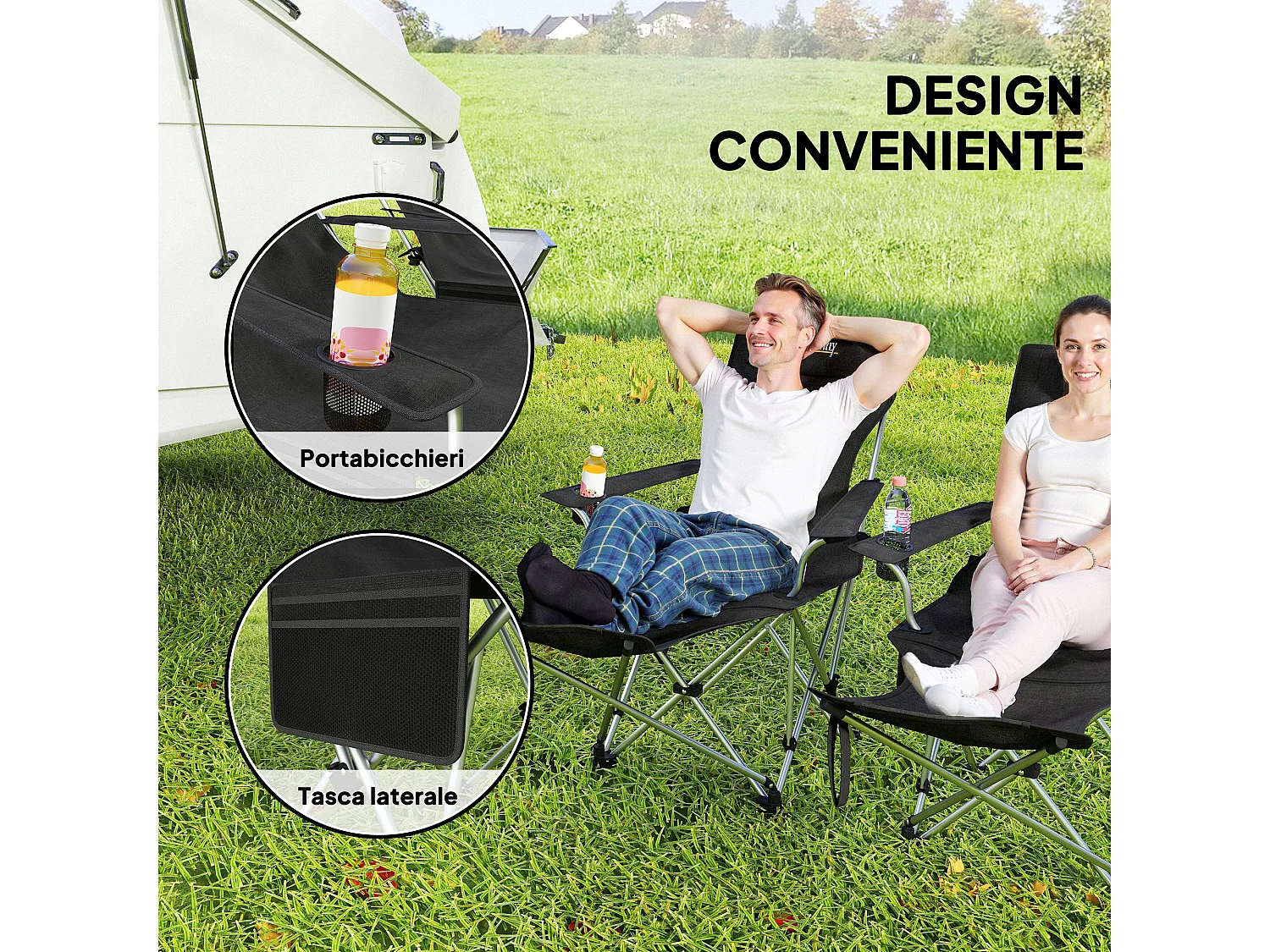 Set 2 sedie da campeggio pieghevoli con poggiapiedi staccabile nero