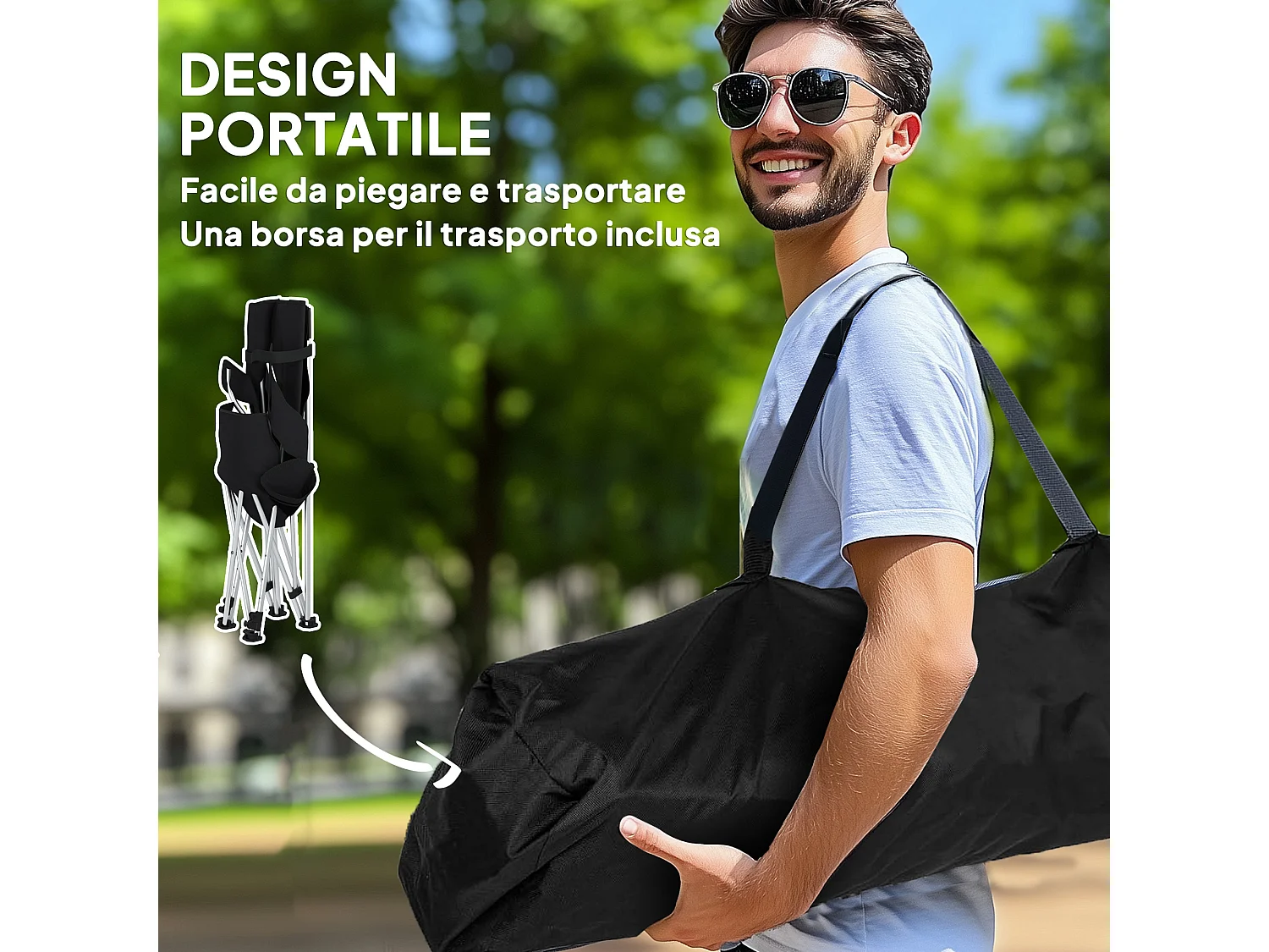 Set 2 sedie da campeggio pieghevoli con poggiapiedi staccabile nero