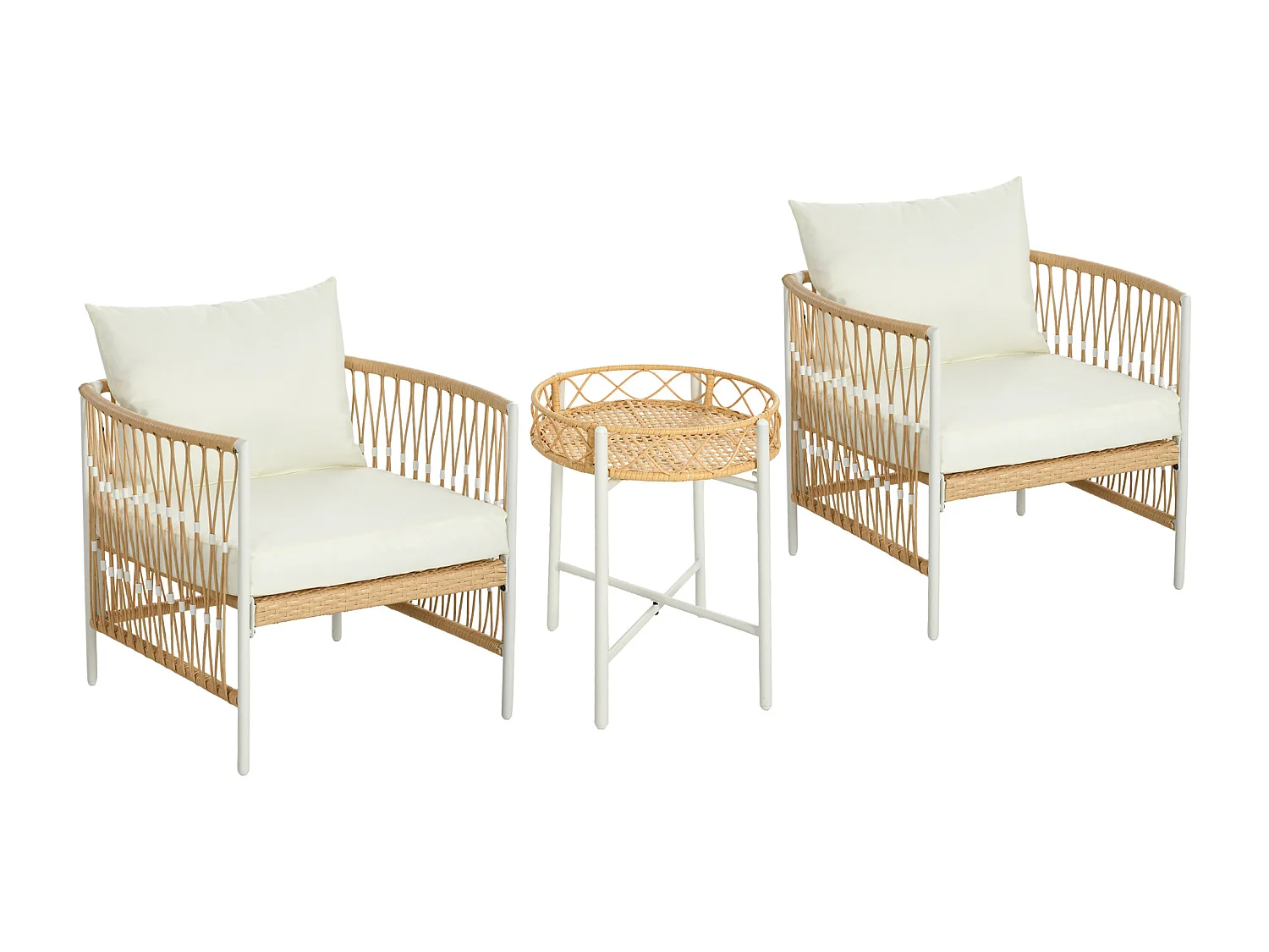 Set da giardino boho con 2 sedie con cuscini e tavolino in rattan